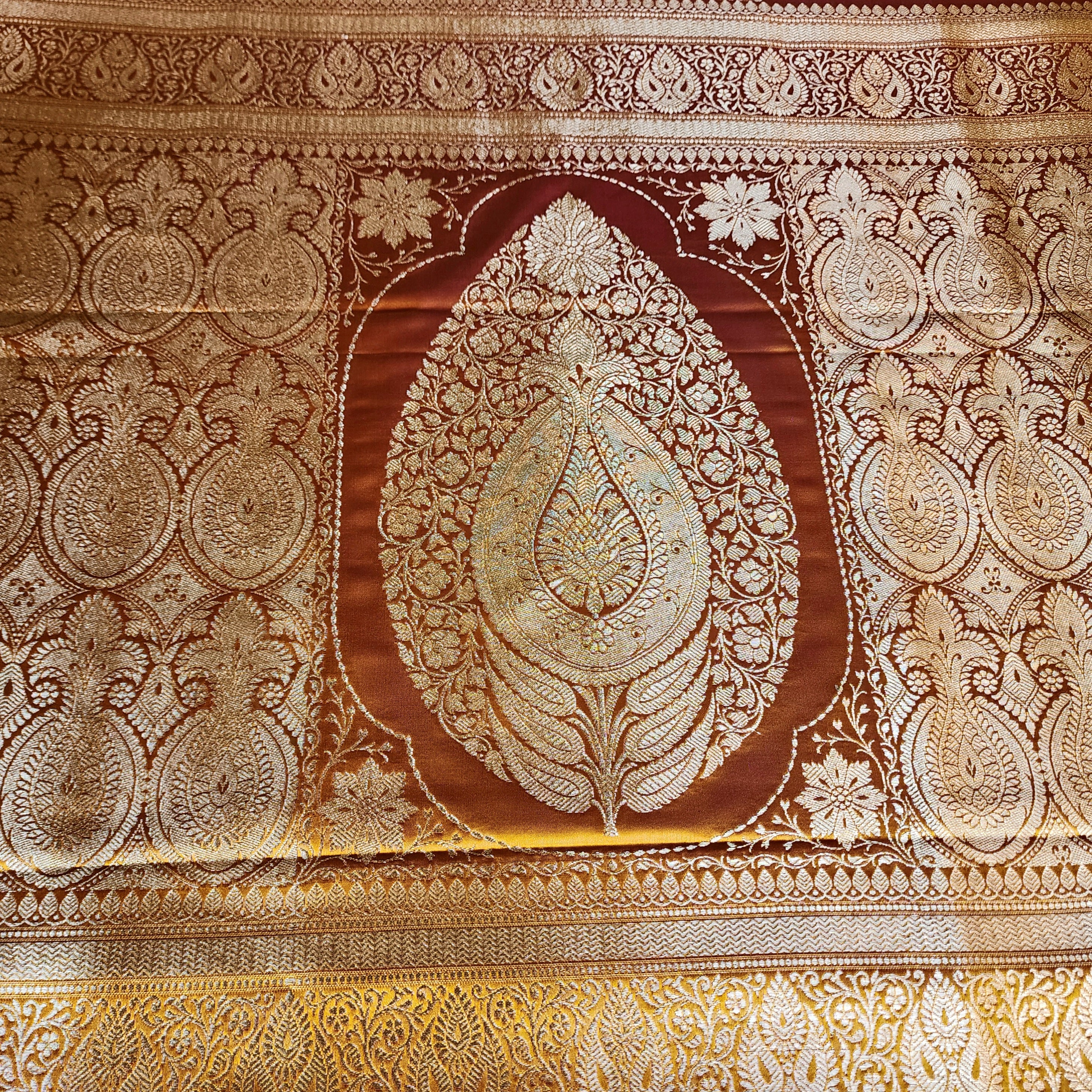 Rich Orange Pure Banarasi Katan Silk Saree with light Gold Zari Weaving