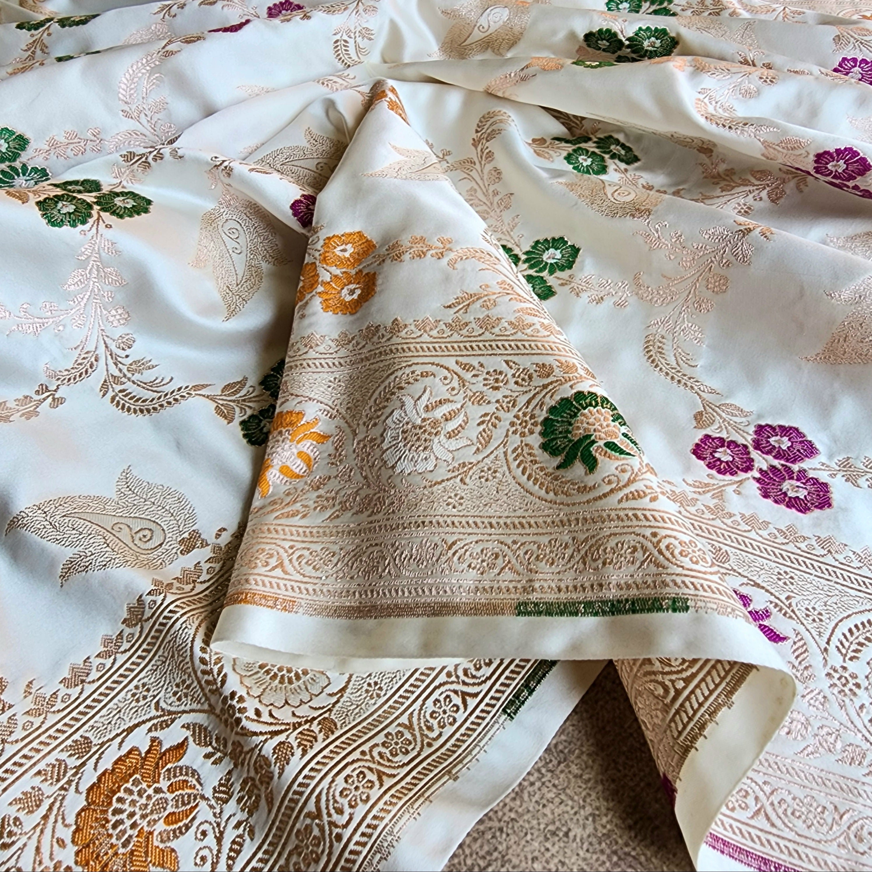 Enriched White Banarasi Katan Silk Saree with Multicolor Meenakari Floral Jaal