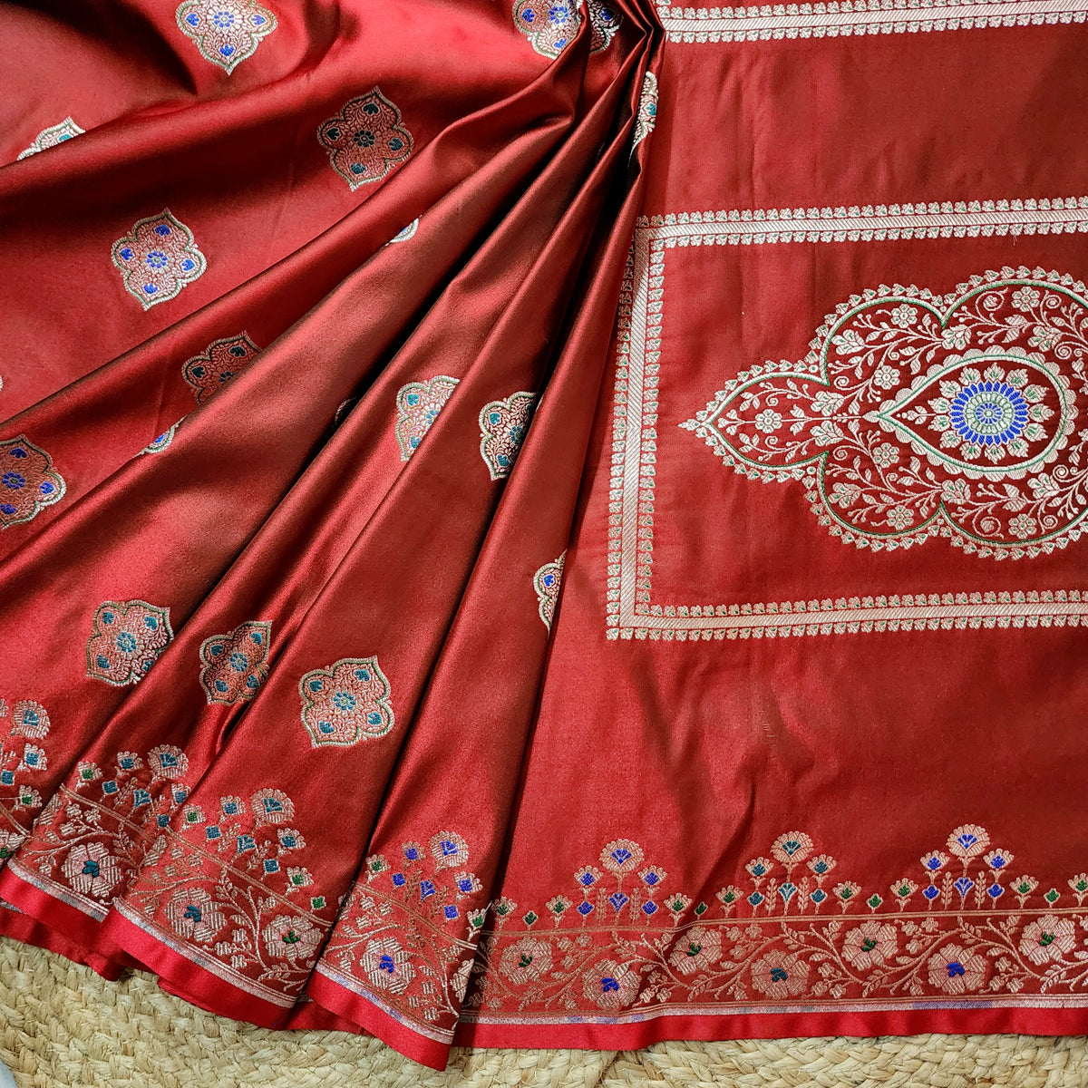 Red Banarasi Katan Silk Saree with Multicolor Meenakari Floral Jaal