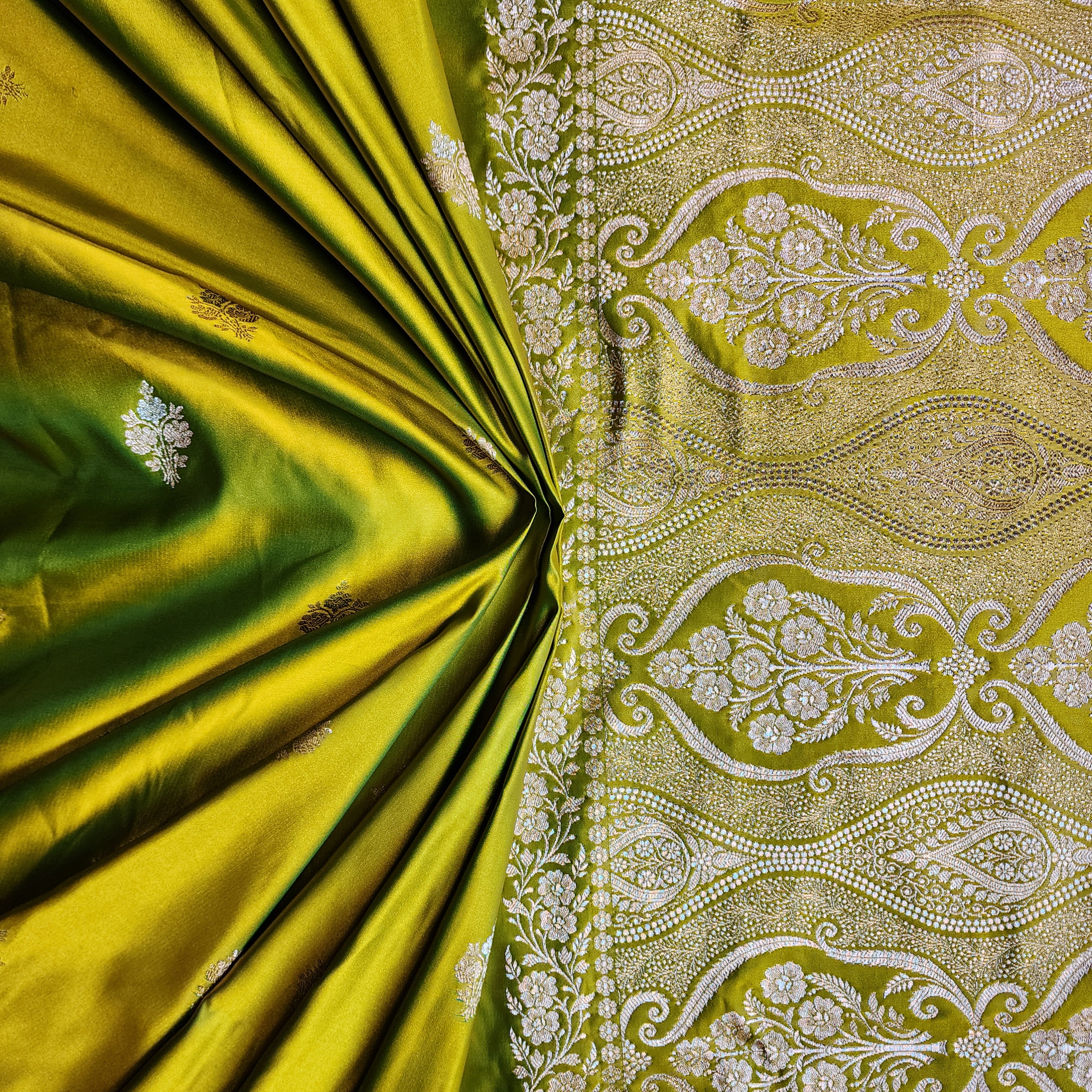Dual-Tone Parrot Green & Yellow Pure Banarasi Katan Silk Saree
