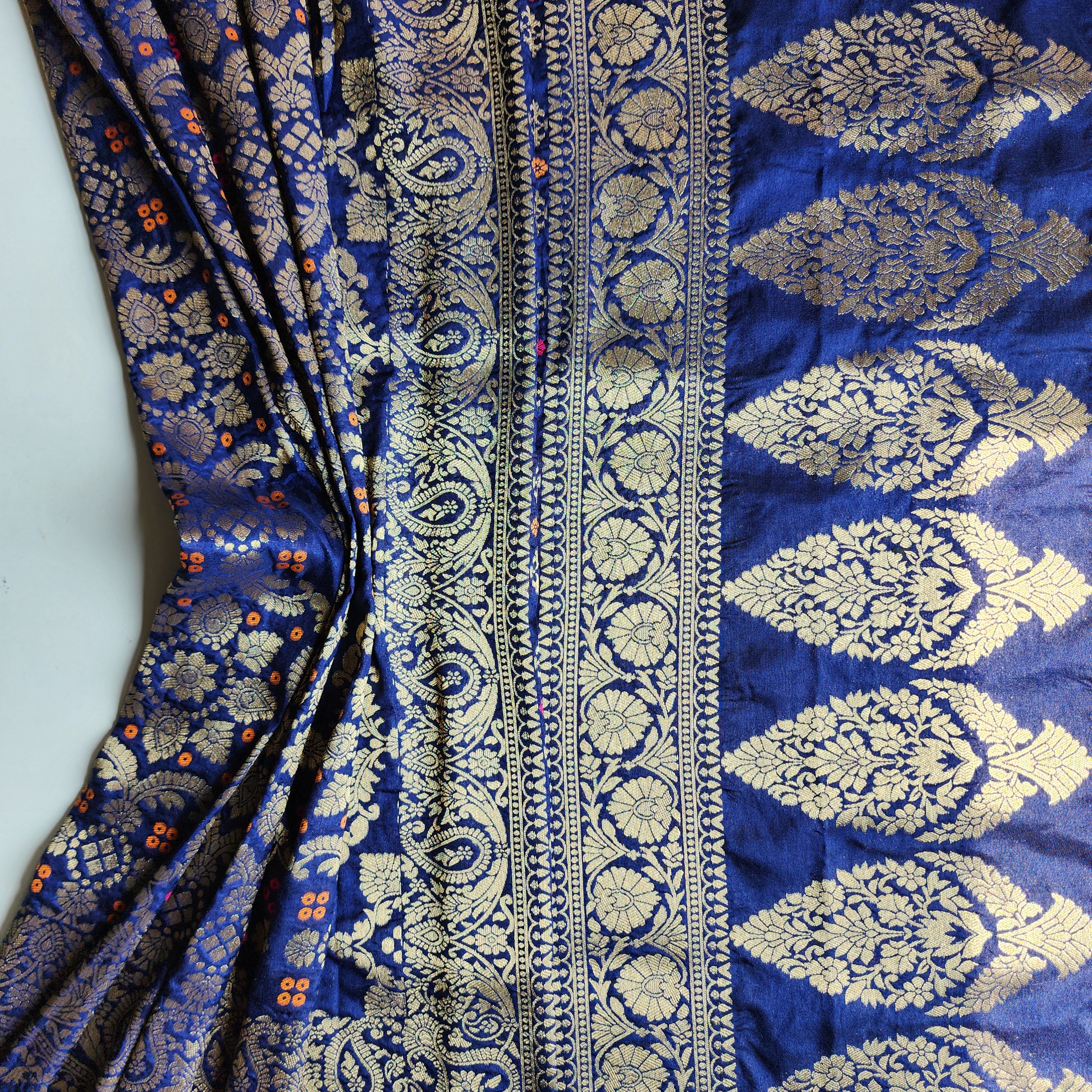 Royal Navy Blue Bandhani Dupatta with Floral and Geometric Zari Weave