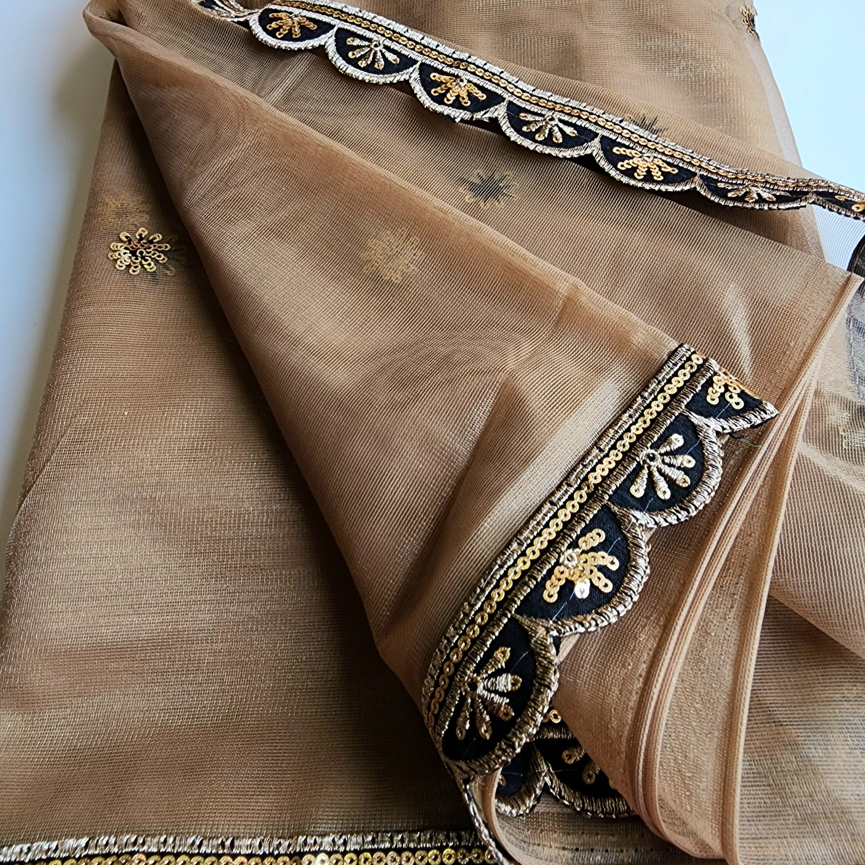 Beige Designer Net Saree with Heavy Embroidery Cut Work Border