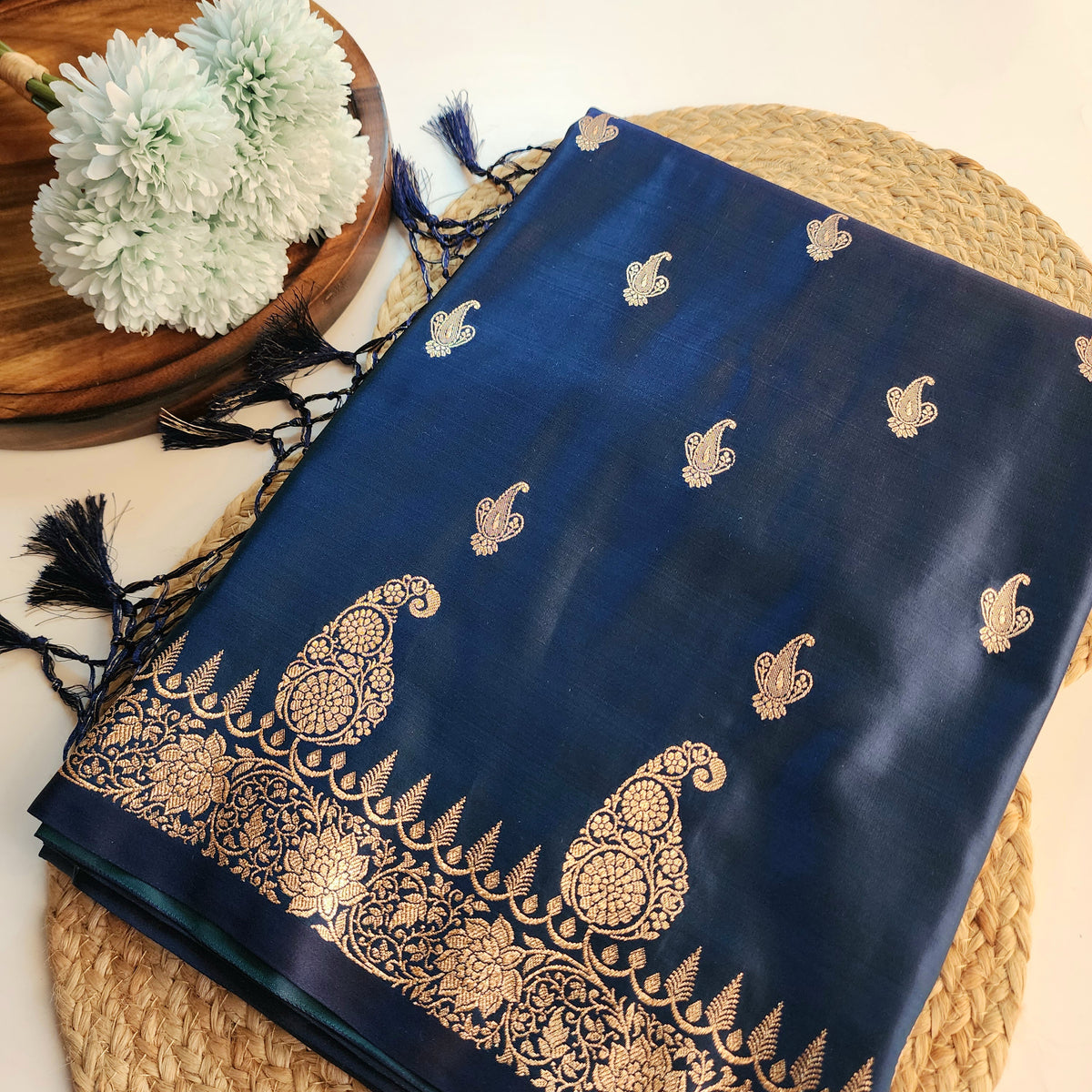 Midnight Blue Paisley Katan Silk Saree with Gold Zari