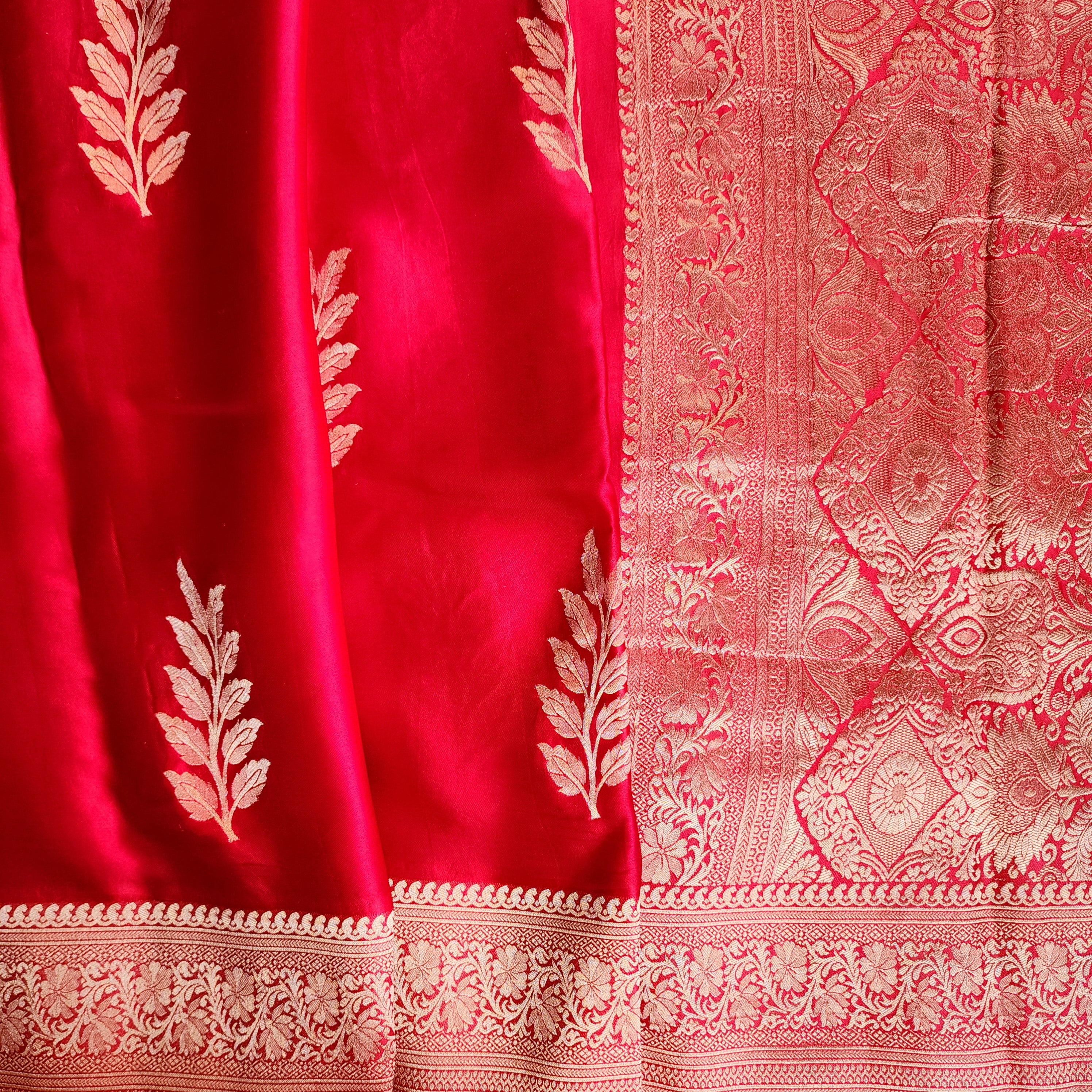 Bright Red Mashru Katan Silk Saree with Gold Weave