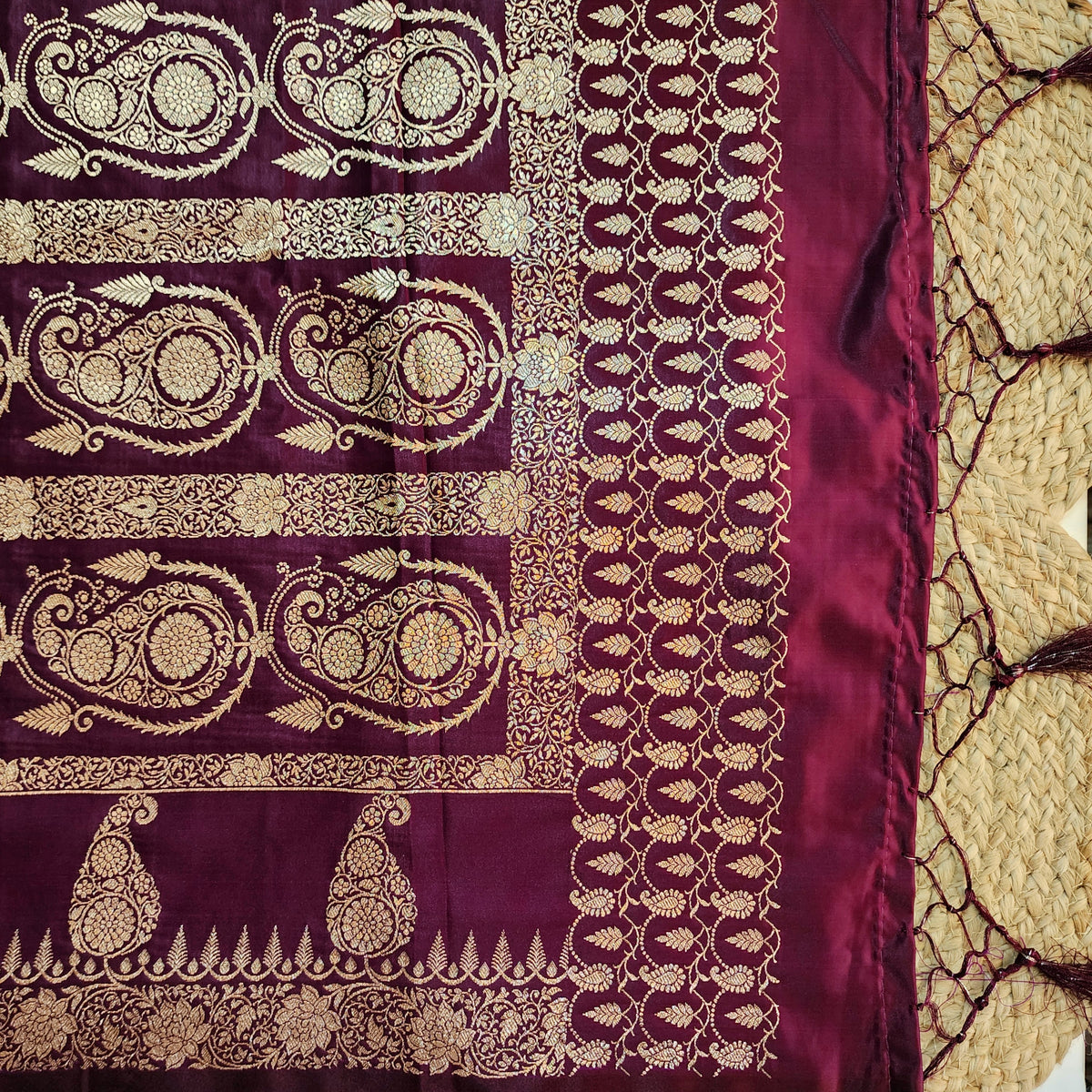 Wine Paisley Katan Silk Saree with Gold Zari