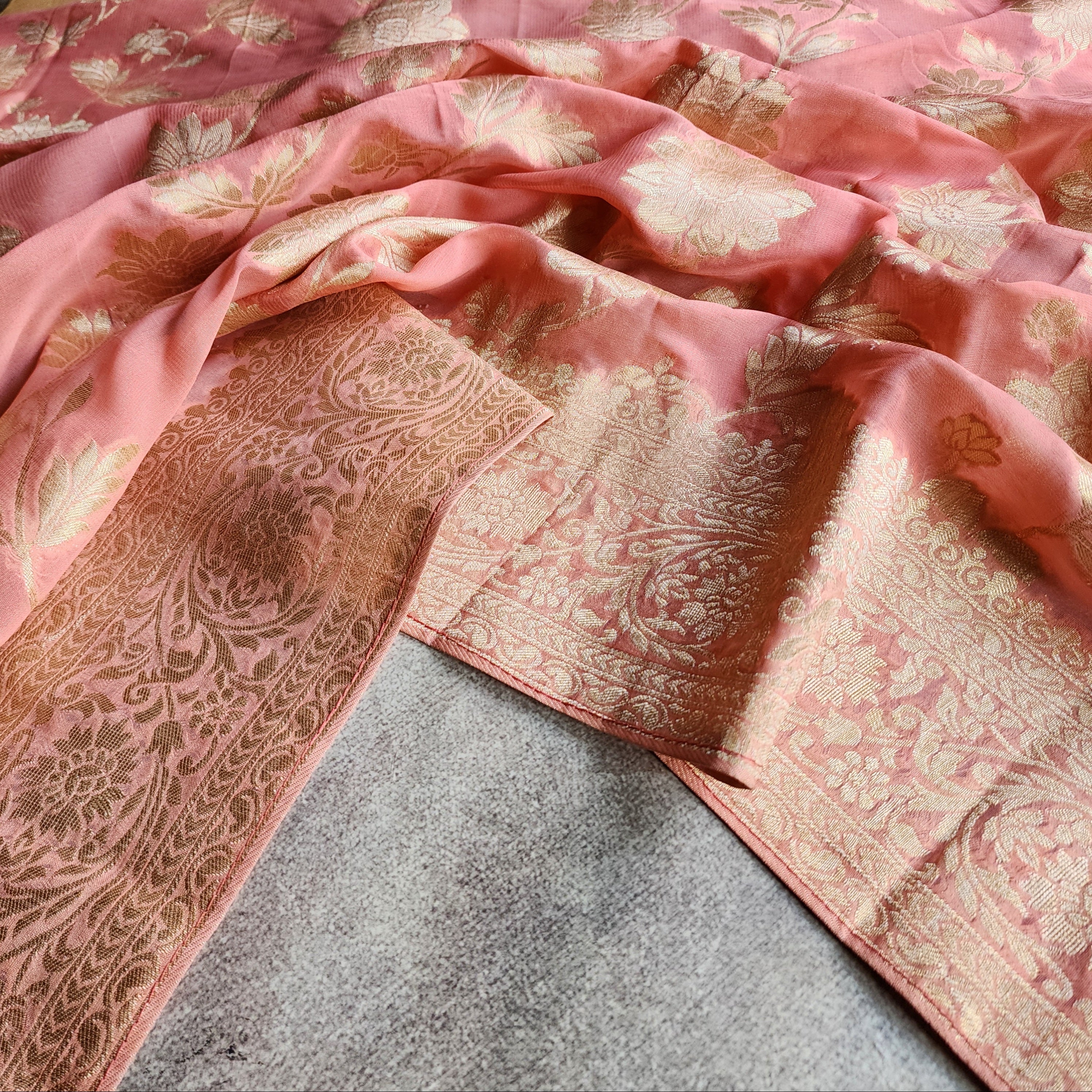 Khaddi Georgette Pure Banarasi Saree in Coral Shade