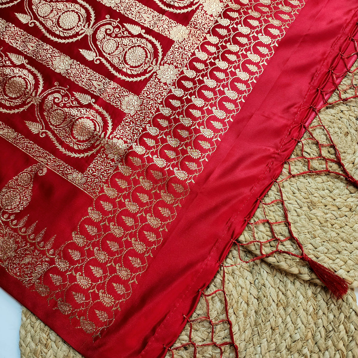 Red Paisley Katan Silk Saree with Gold Zari