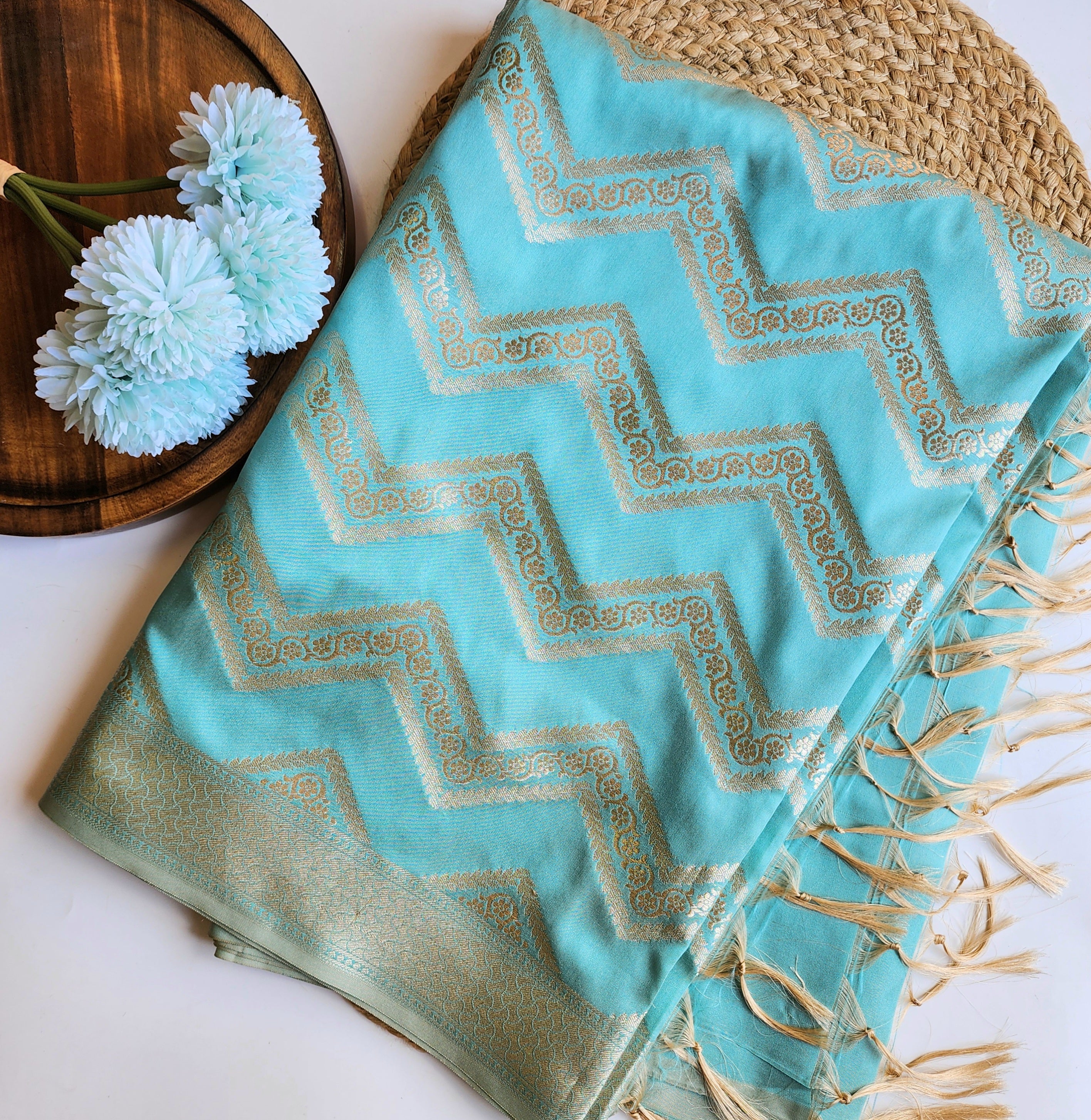 Robin Egg Blue Banarasi Dupatta with Golden Zigzag Pattern