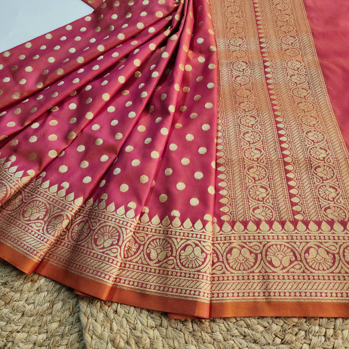 Coral Red Banarasi Silk Dupatta with Gold Polka Dot