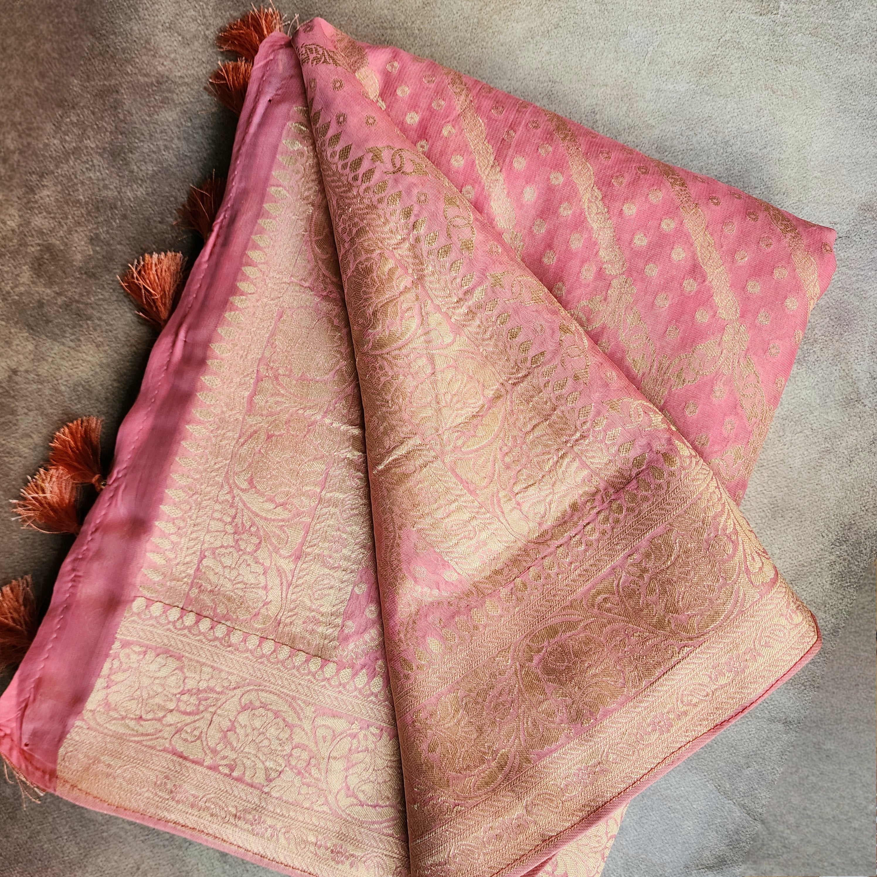 Flamingo Pink Pure Khaddi Georgette Banarasi Saree with Golden Zari