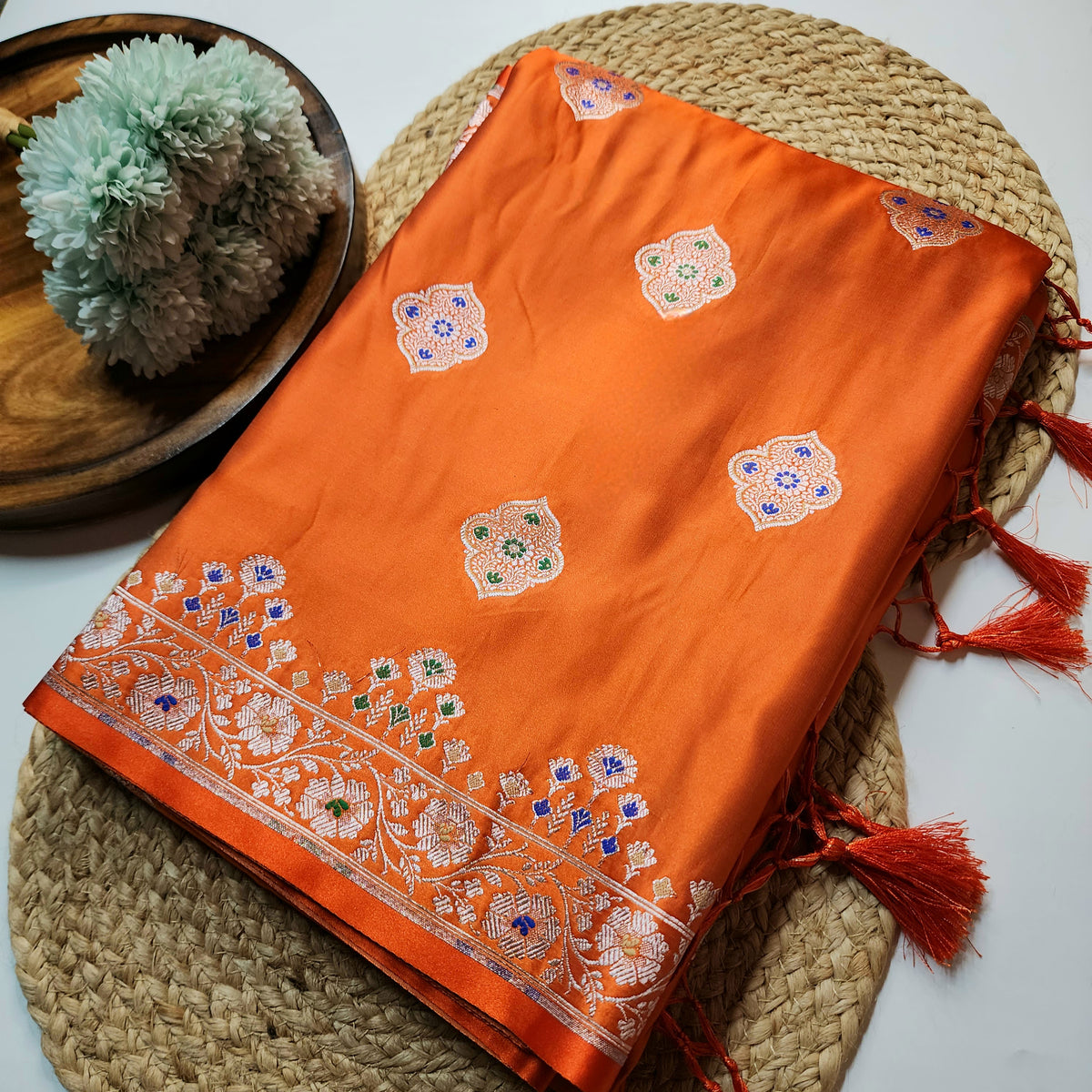 Orange Banarasi Katan Silk Saree with Multicolor Meenakari