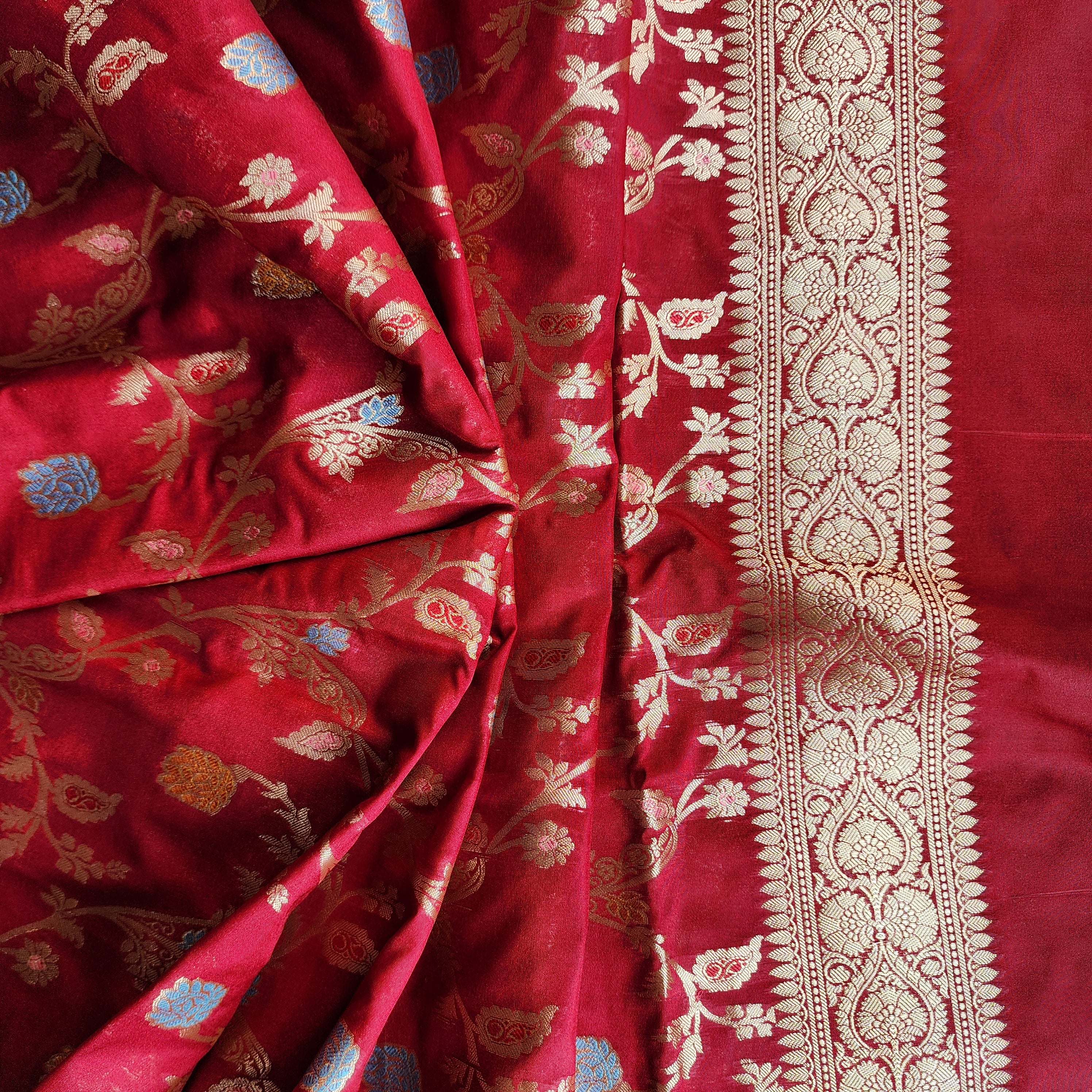 Maroon Banarasi Silk Dupatta with Gold Zari Border & Multicolor Meenakari Work