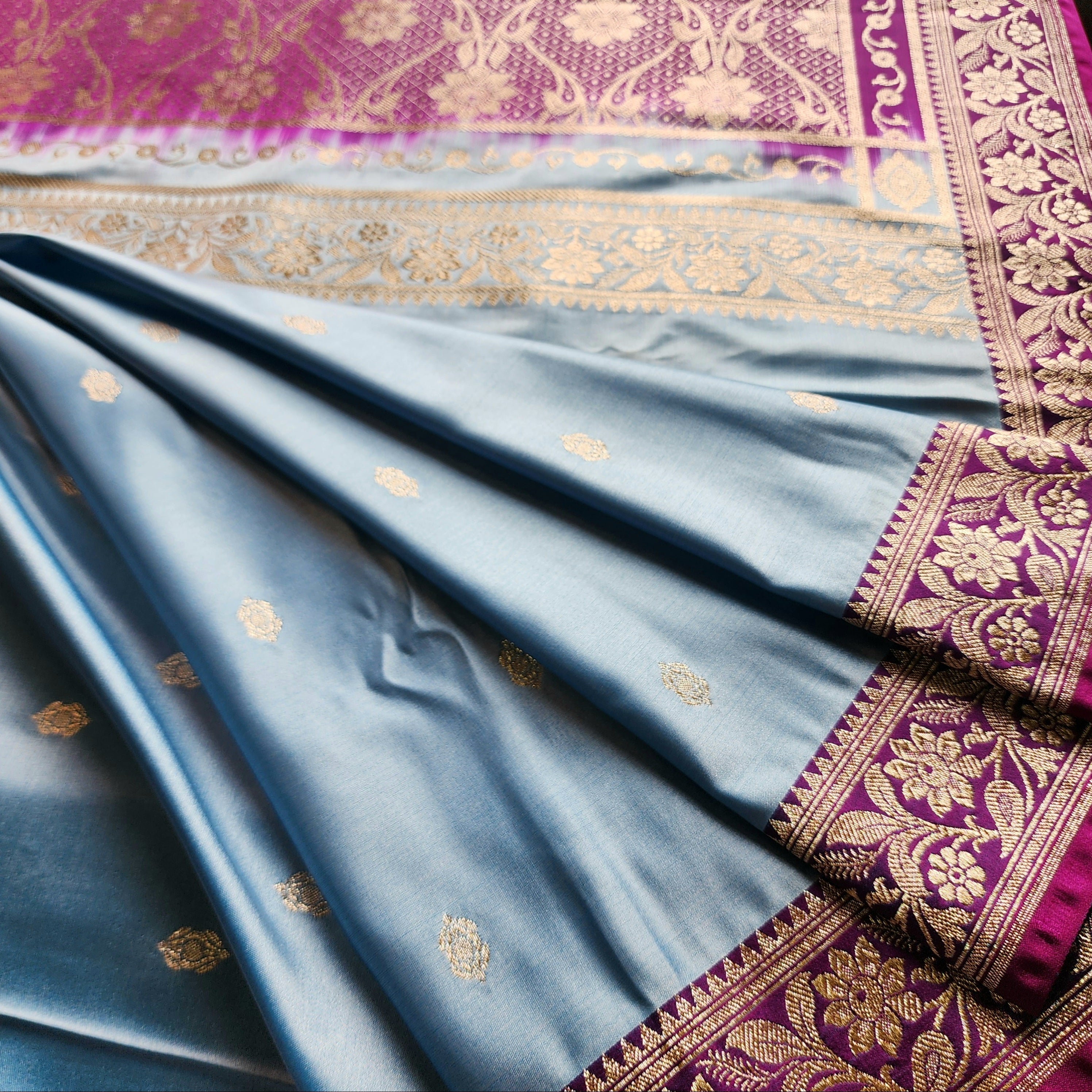 Teal Blue Katan Silk Saree with Purple and Gold Zari Border