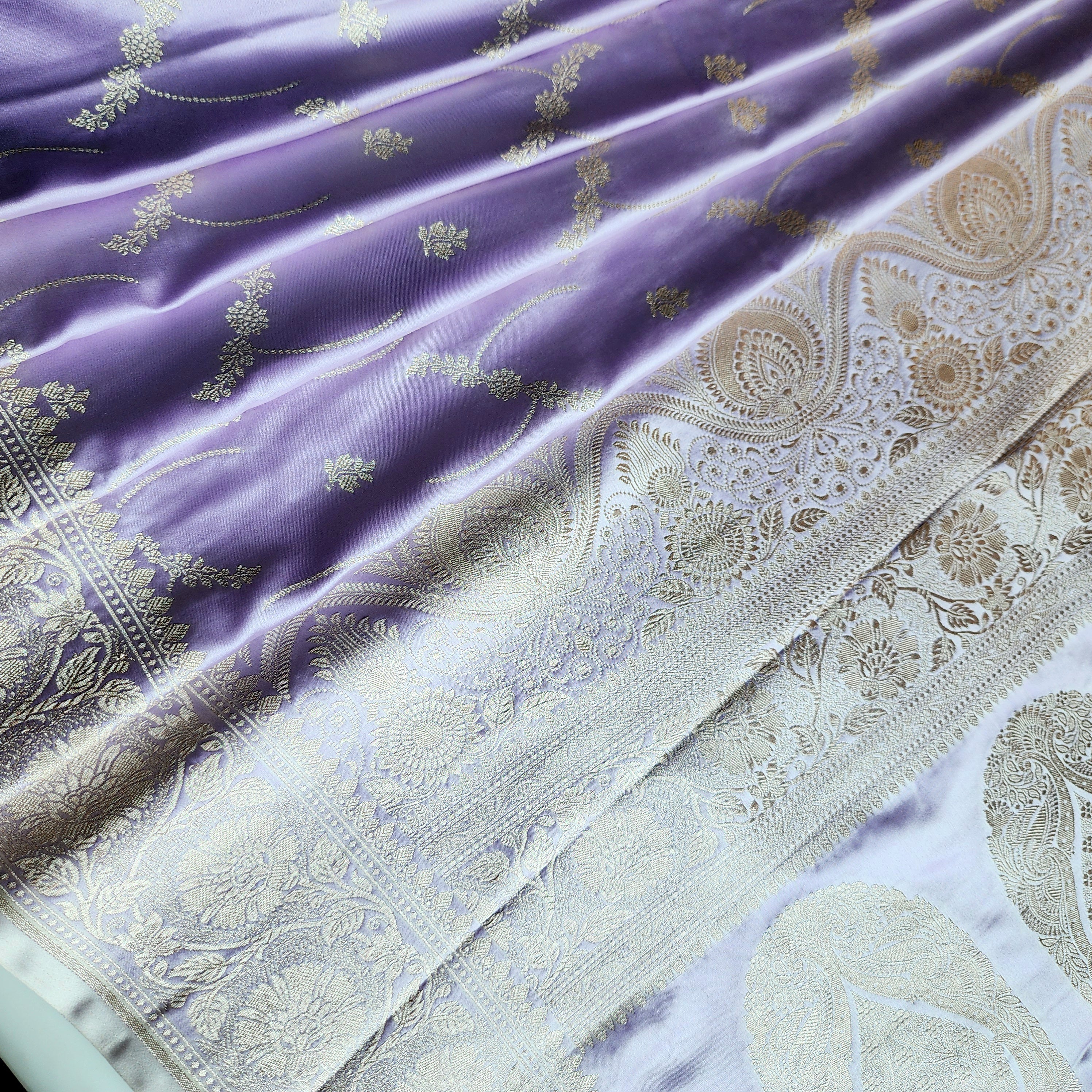 Pastel Lavender Grey Banarasi Katan Silk Saree with Light Gold Zari weaving