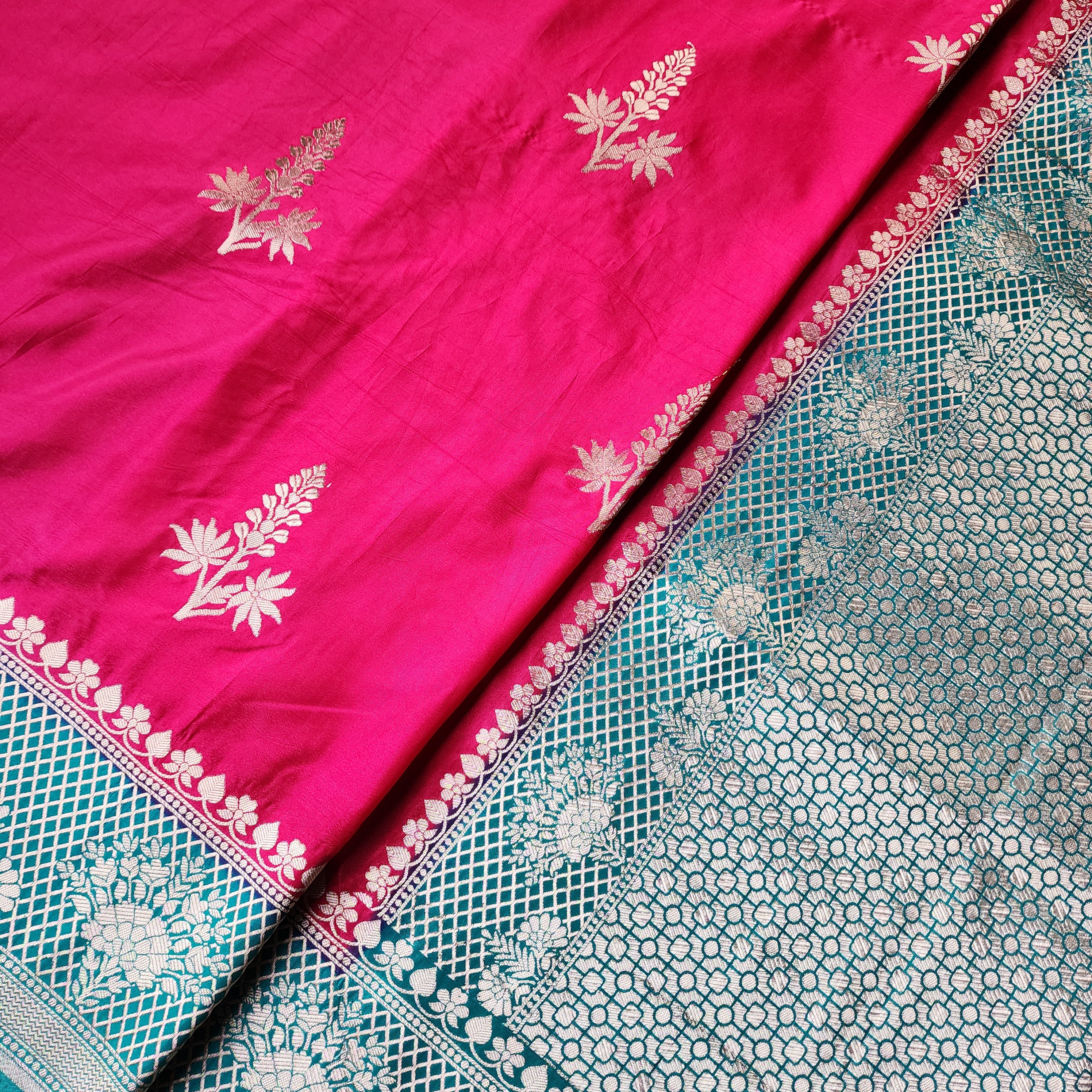 Deep Fuchsia Crepe Georgette Silk Saree with Contrast Turquoise Border