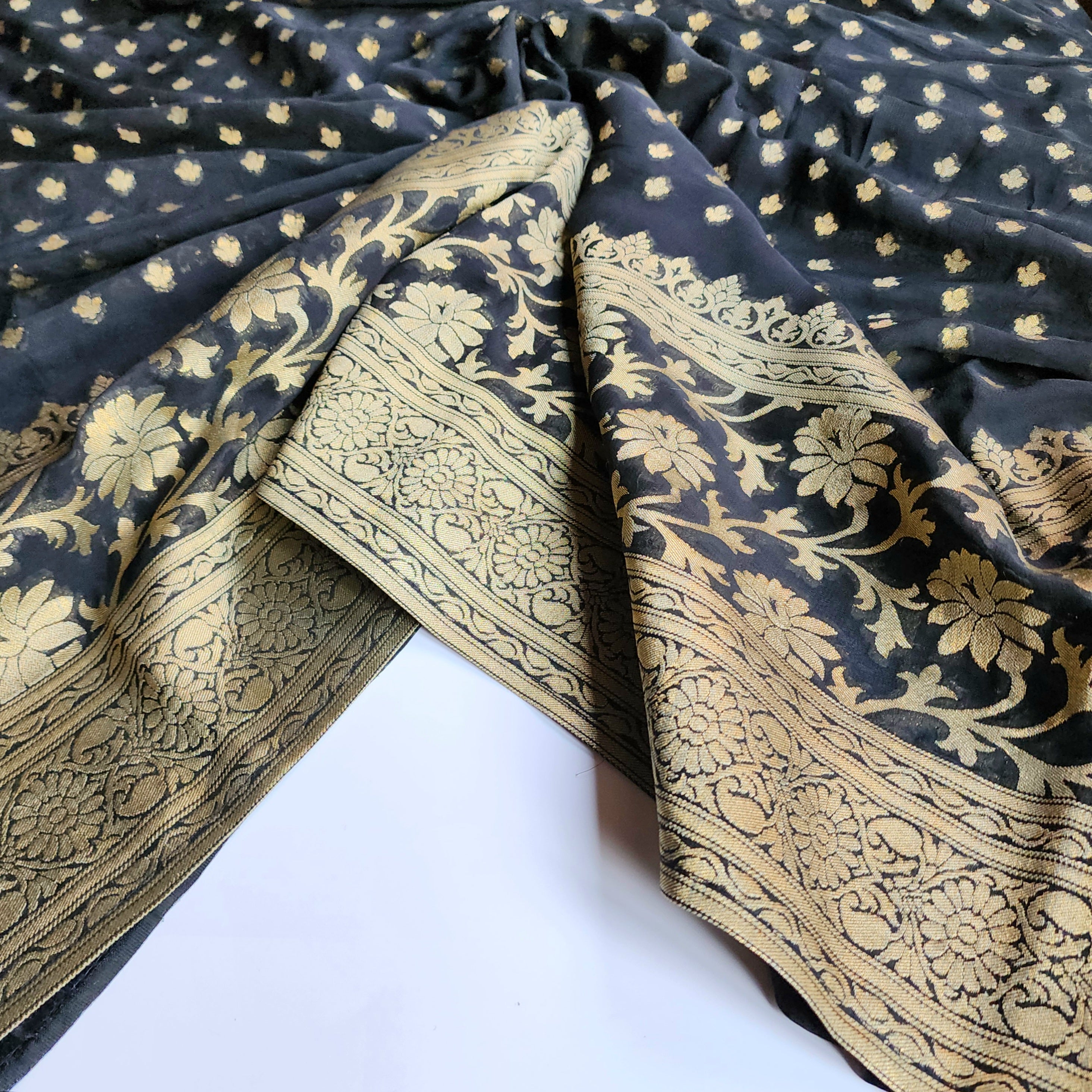 Elegant Black Khaddi Georgette Pure Banarasi Saree with Exquisite Golden Zari