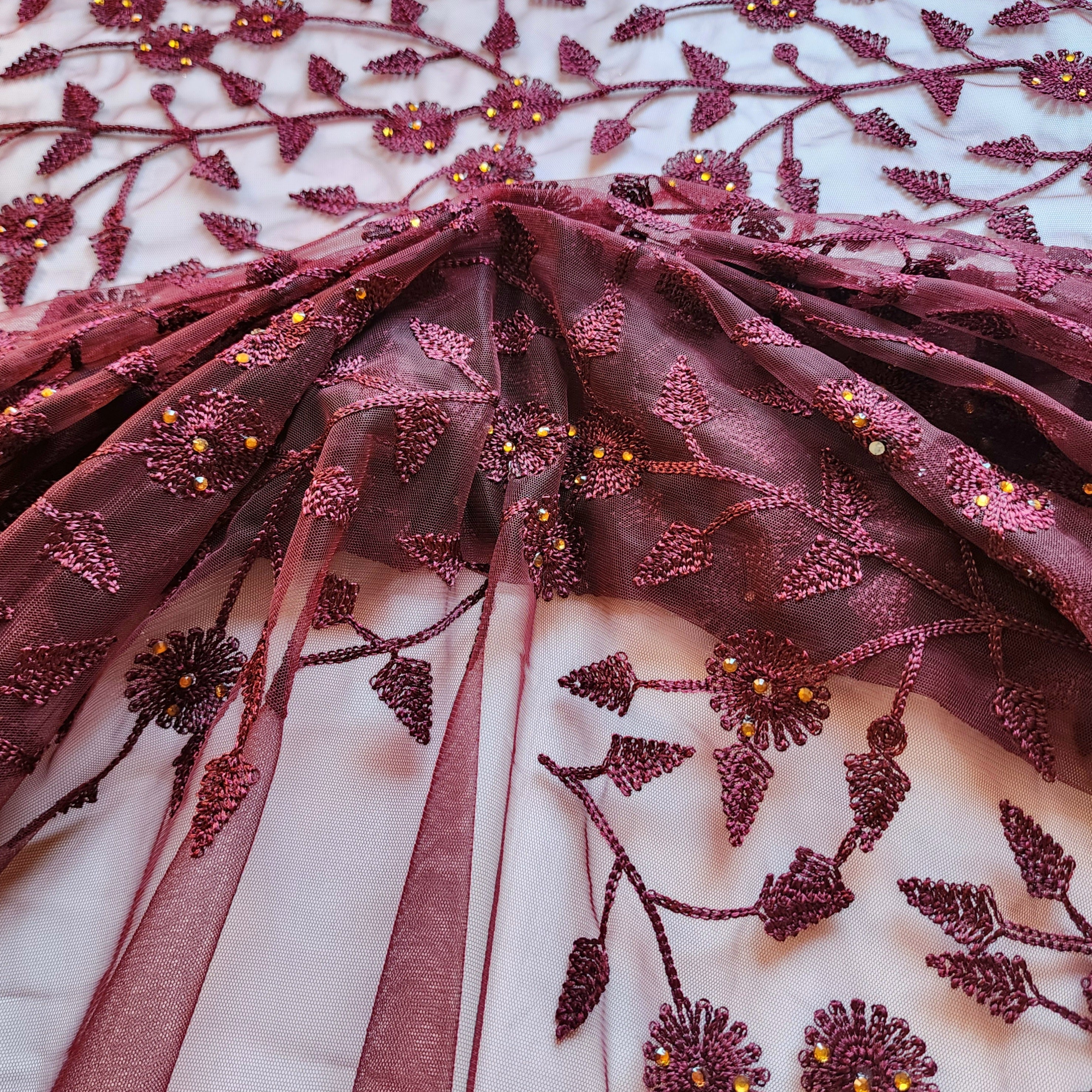 Embroidered Net Designer Saree in Wine