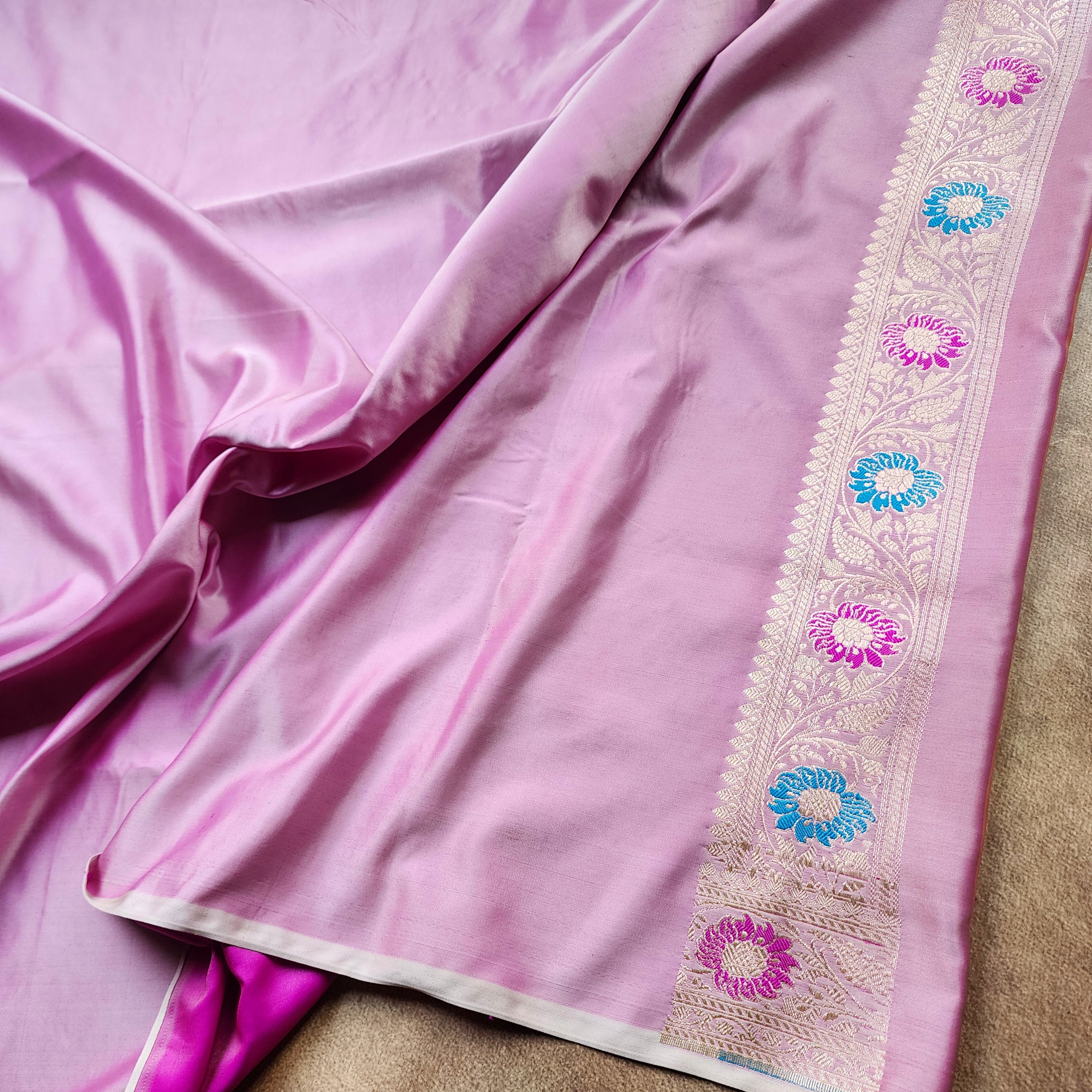 Enriched Banarasi Katan Silk Saree | Soft Lavender Pink Multicolor Meenakari Floral Jaal