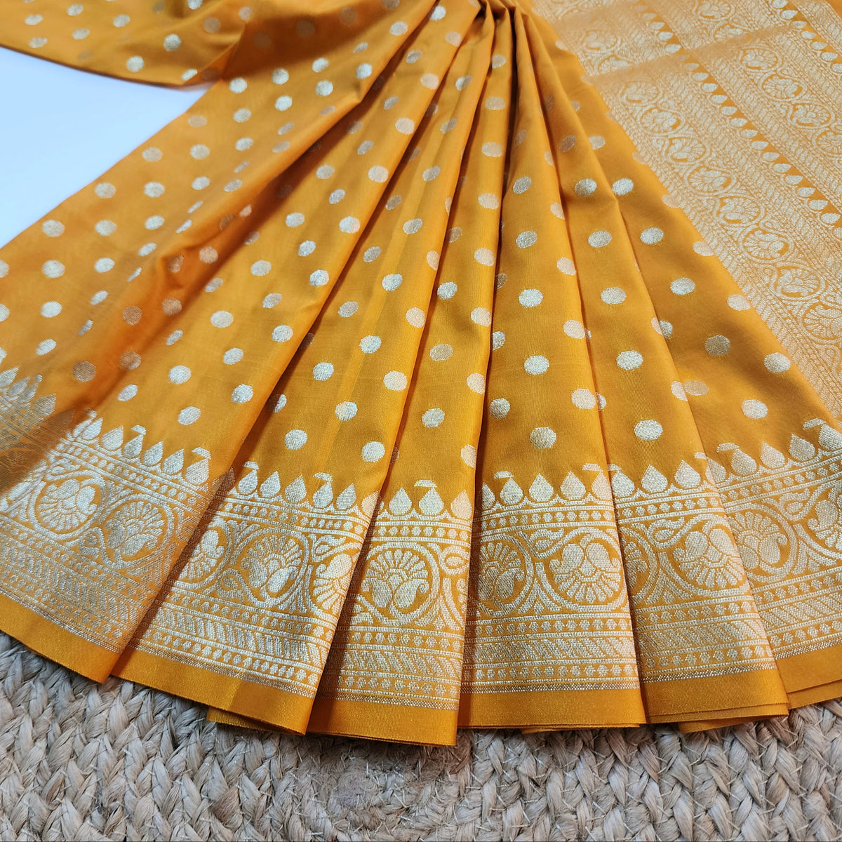 Mustard Yellow Banarasi Silk Dupatta with Gold Polka Dot