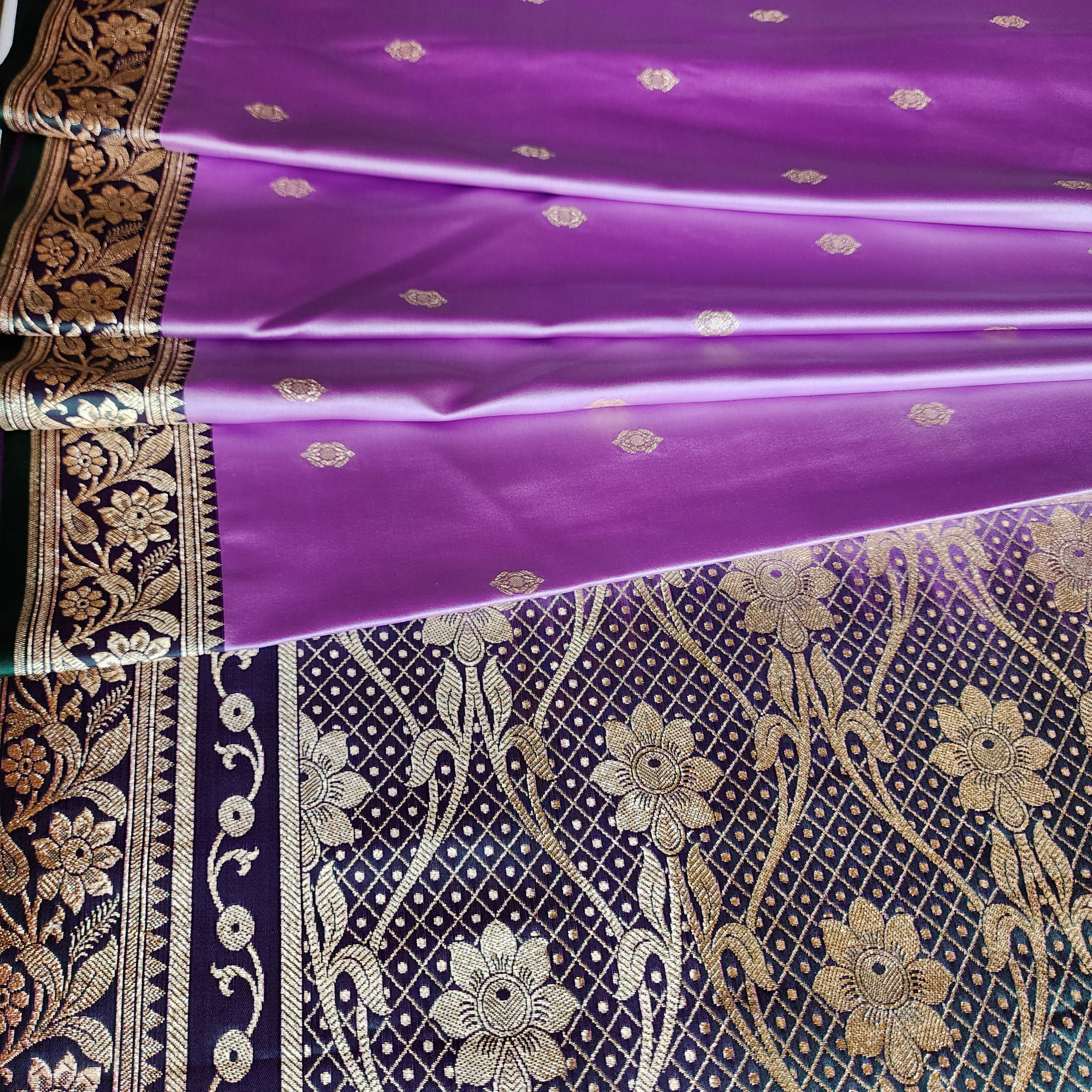 Lavender Katan Silk Saree with Emerald Green and Gold Zari Border