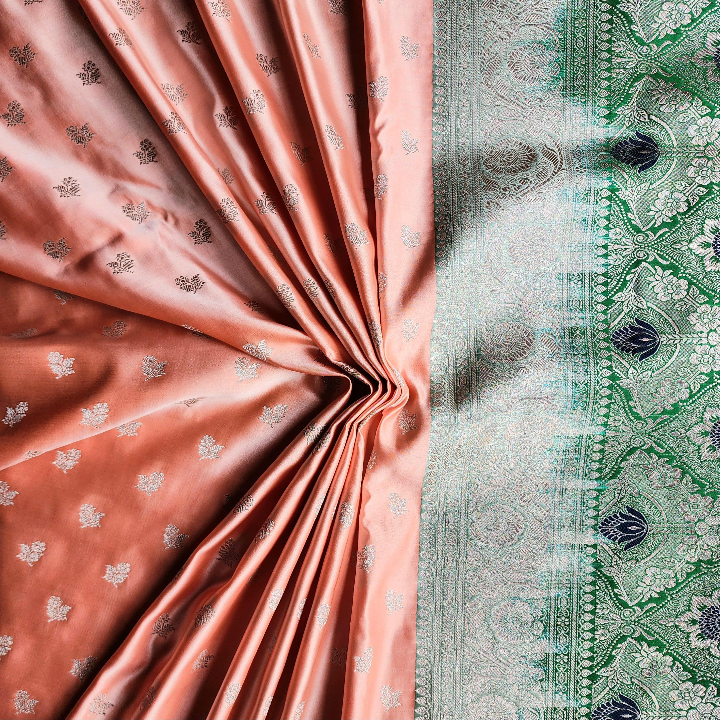 Peach Pure Banarasi Katan Silk Saree with light Gold Zari Weaving