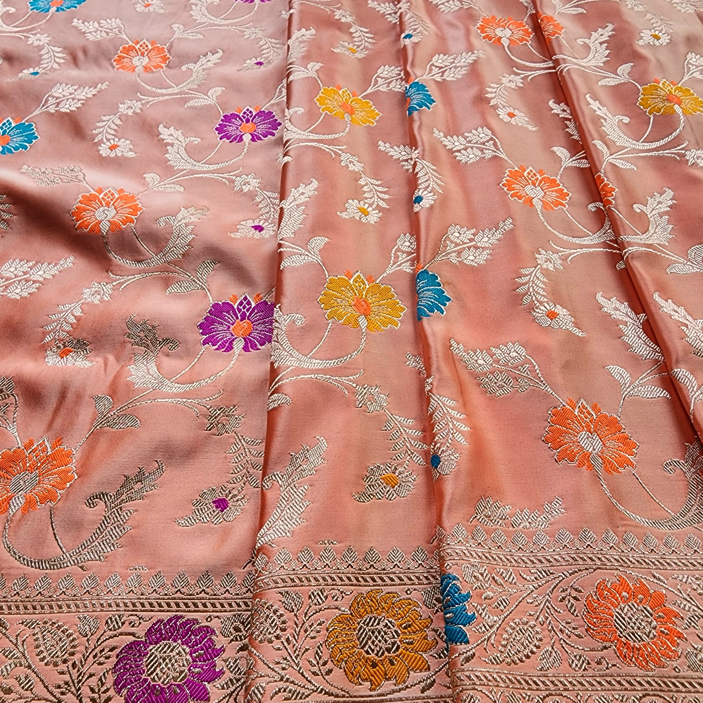 Enriched Banarasi Katan Silk Saree | Peach Multicolor Meenakari Floral Jaal