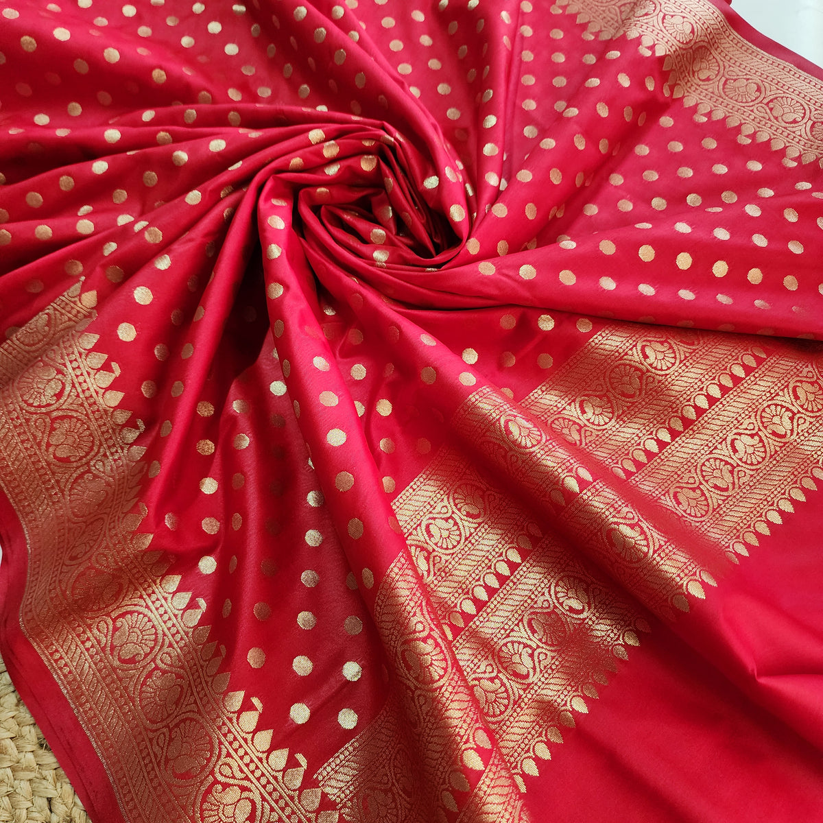Classic Red Banarasi Silk Dupatta with Gold Polka Dot