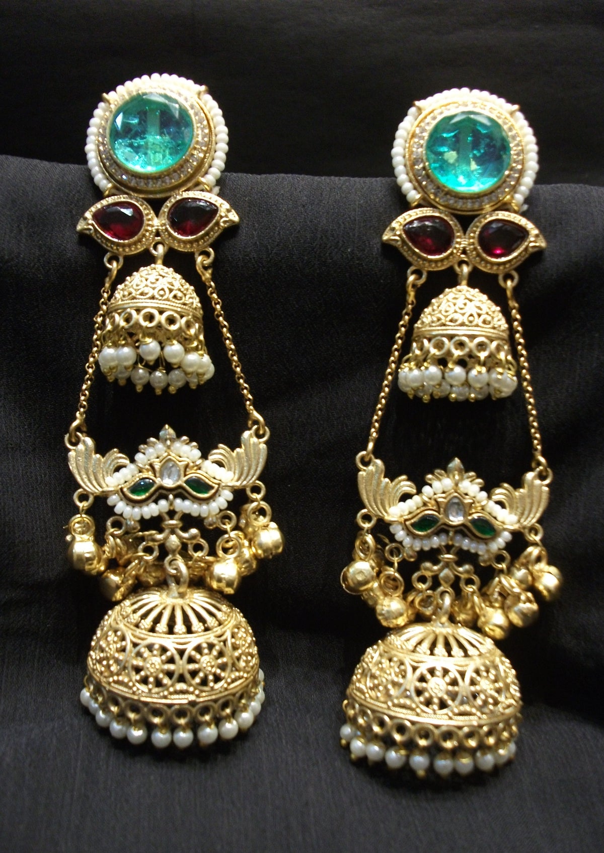 Multi-Stone Hanging Jhumka Earrings with Bell Accents