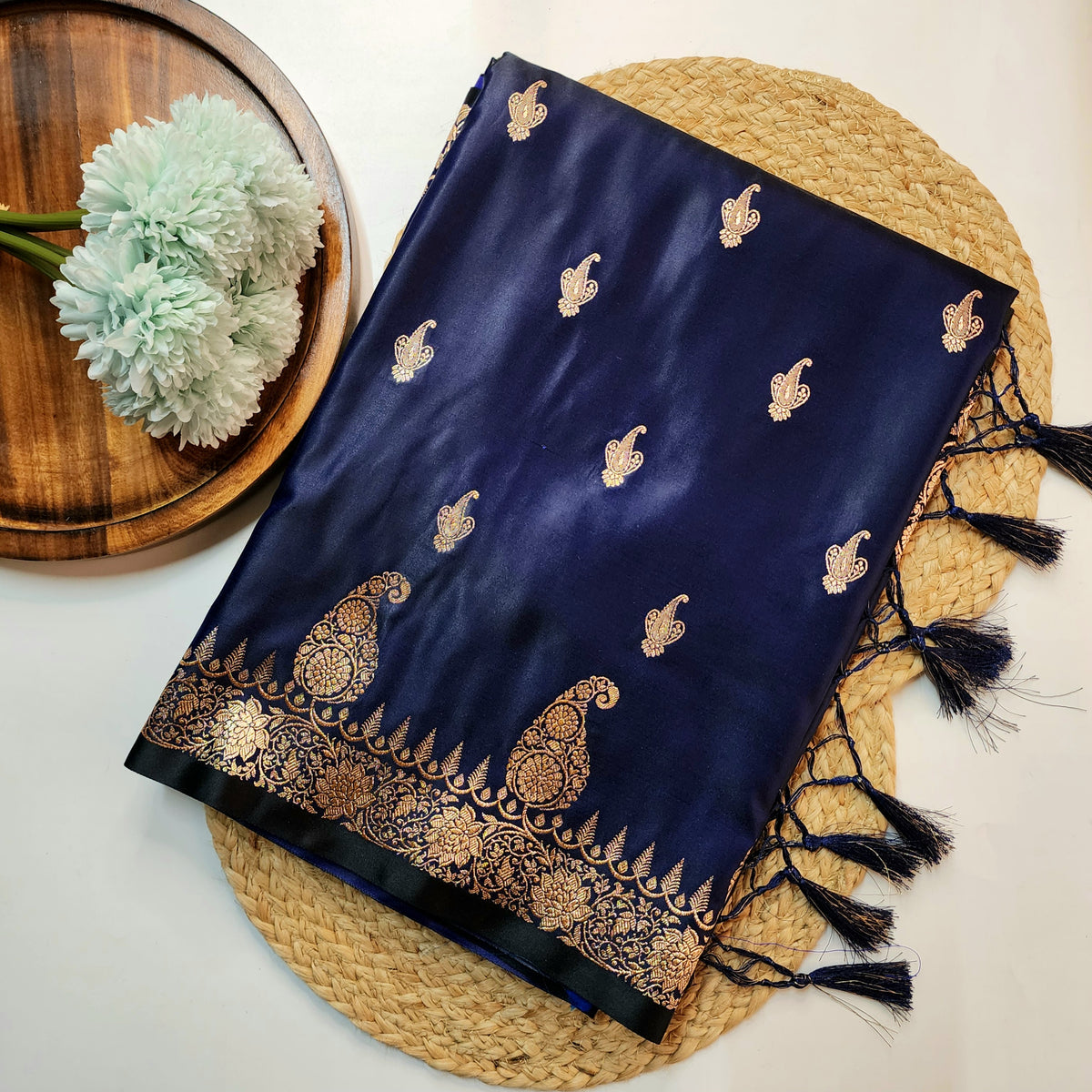 Navy Blue Paisley Katan Silk Saree with Gold Zari