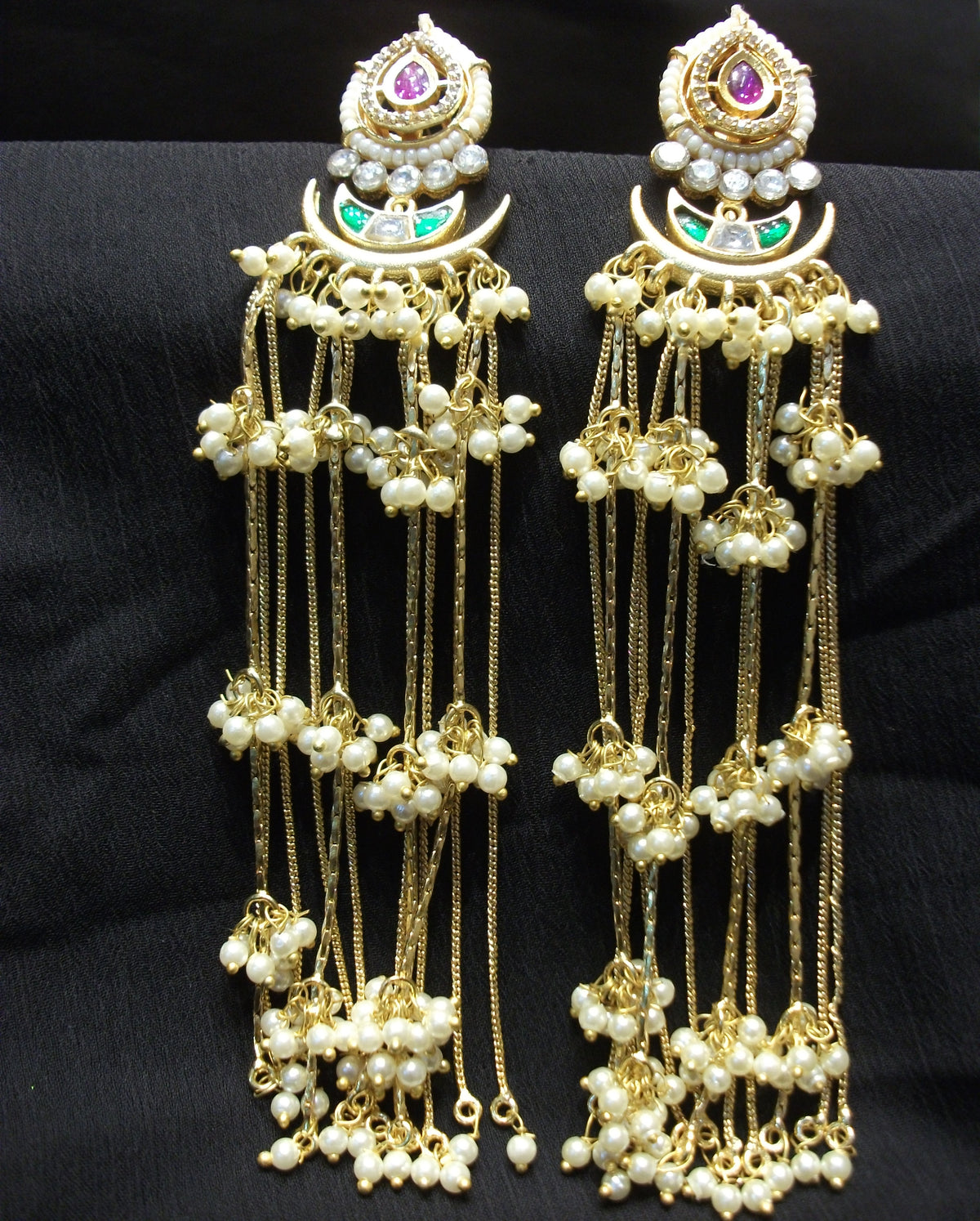 Royal Crescent Drop Earrings with Hanging Pearl Chains and Gemstones