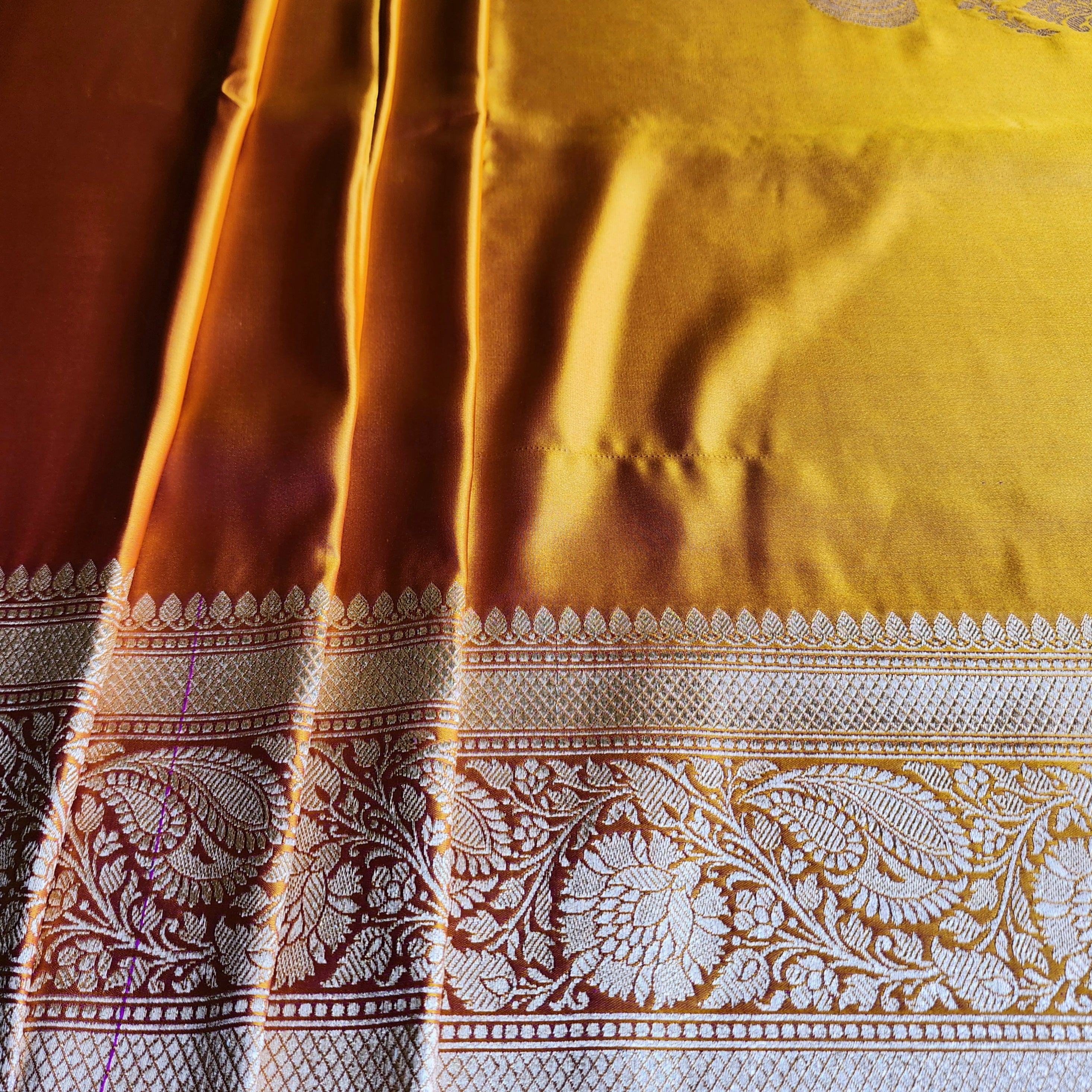 Rich Marigold Yellow Pure Banarasi Katan Silk Saree with light Gold Zari Weaving