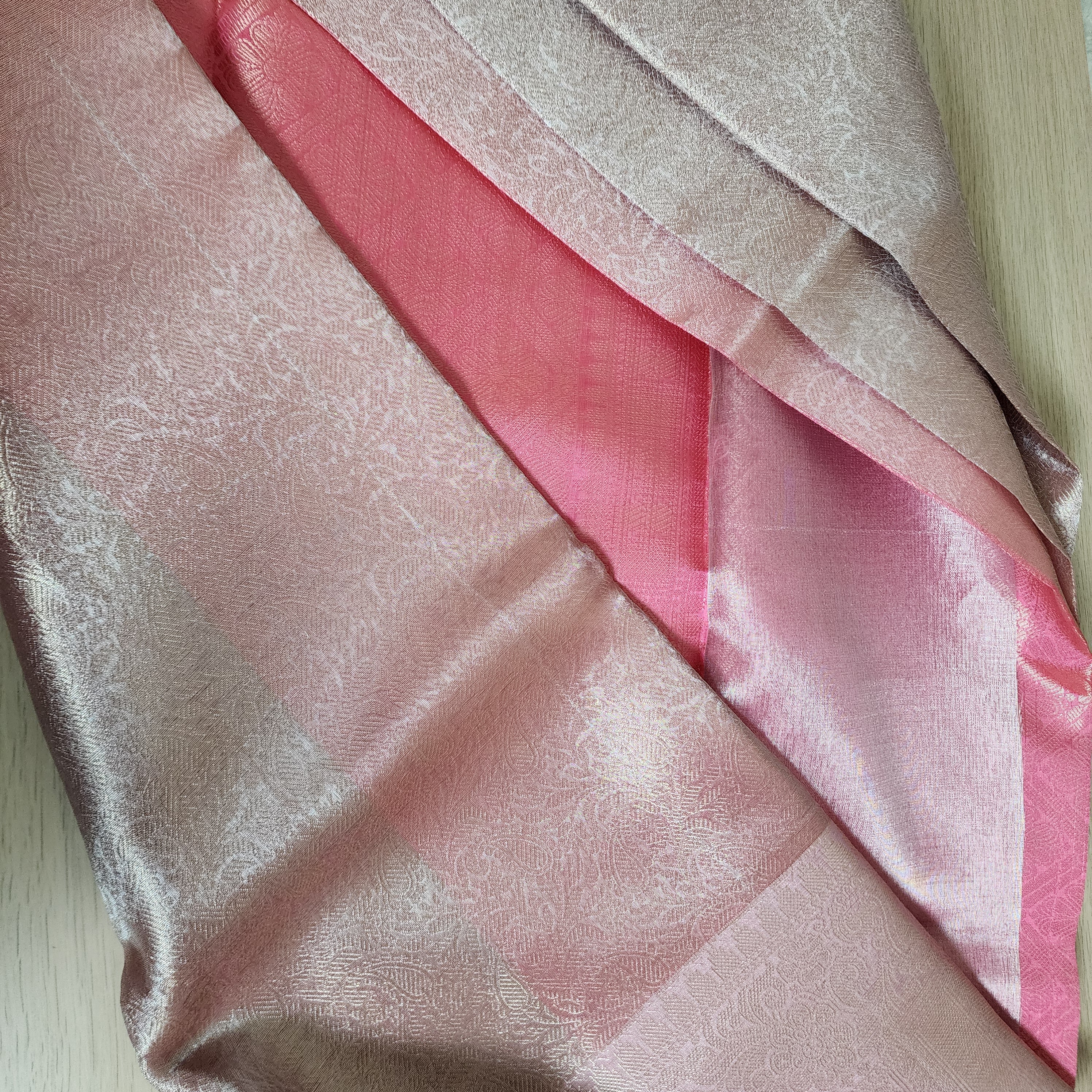 Unique Coral Pink & Beige Kanjivaram style Banarasi Tissue Saree