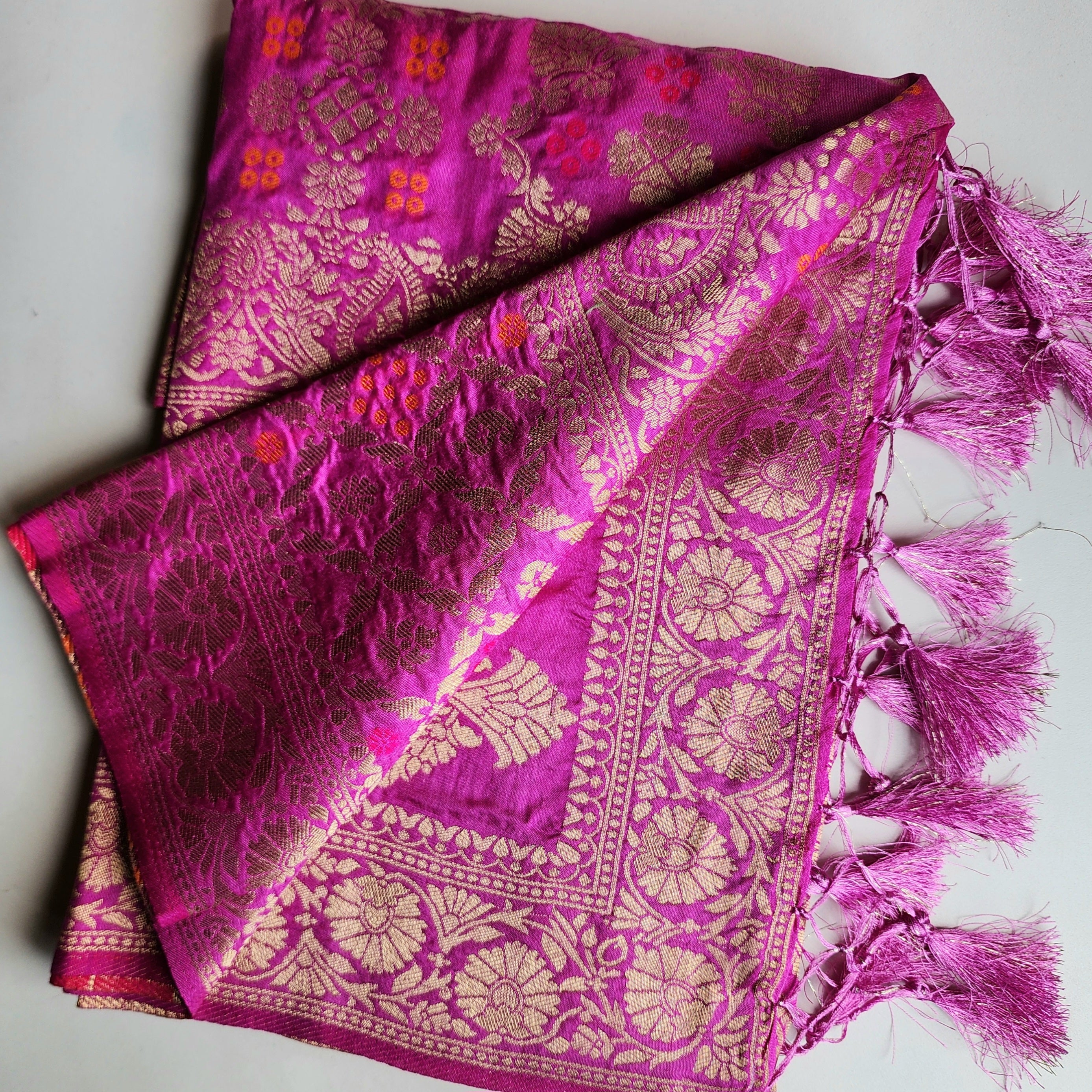 Orchid Purple Bandhani Dupatta with Floral and Geometric Zari Weave