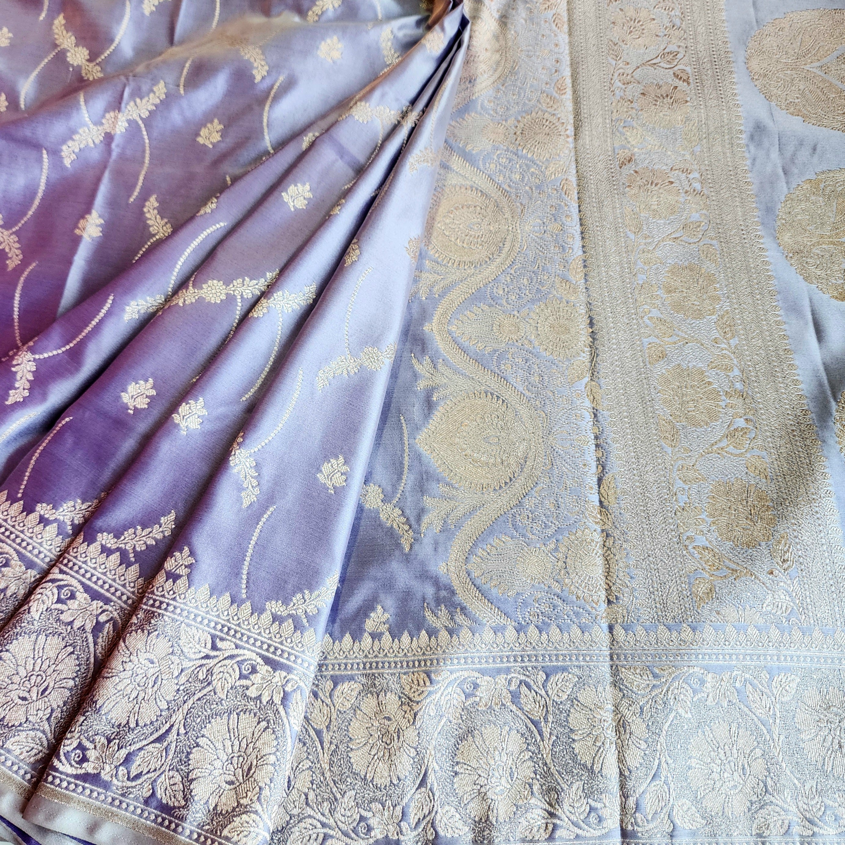 Pastel Lilac Banarasi Katan Silk Saree with Light Gold Zari weaving