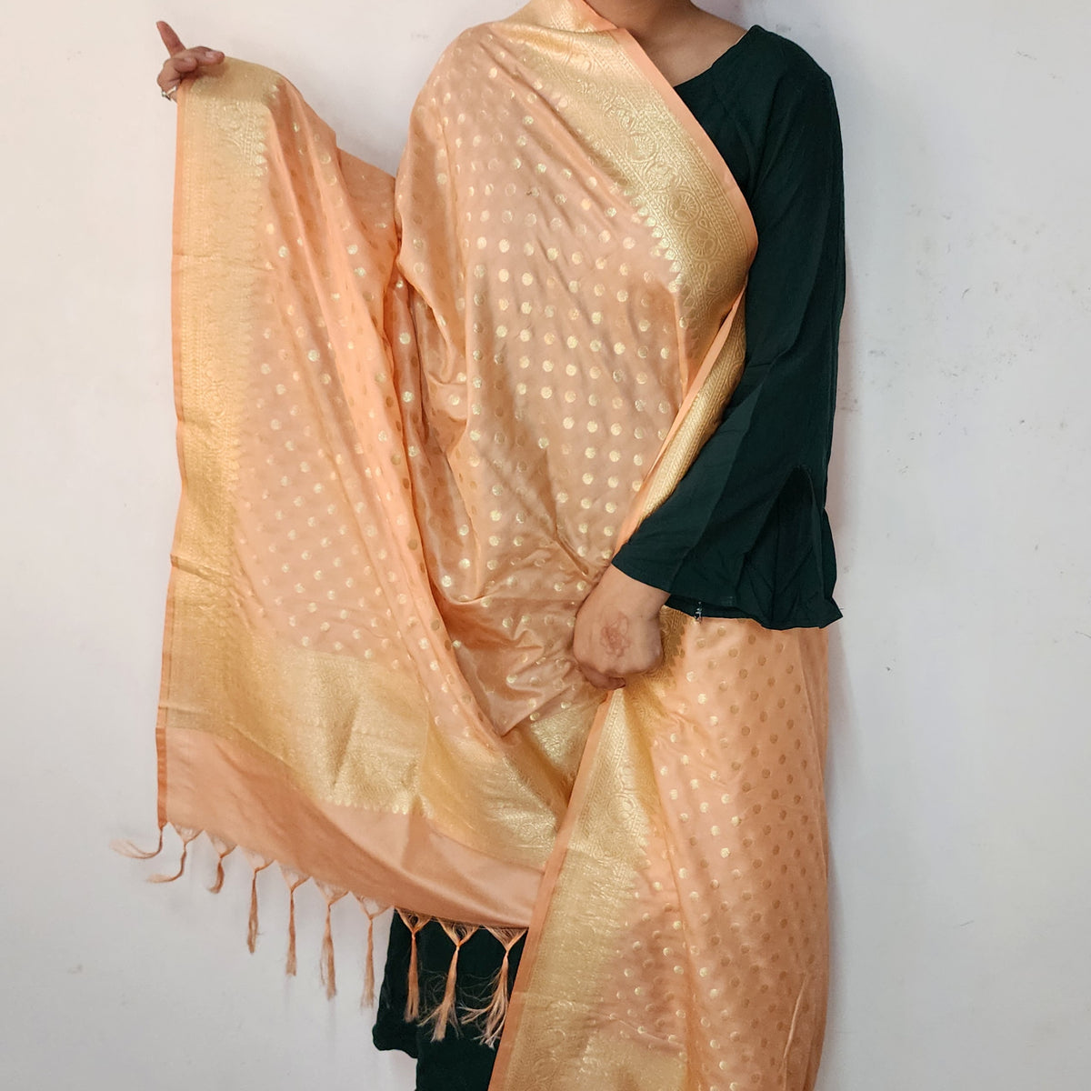 Peach Banarasi Silk Dupatta with Gold Polka Dot