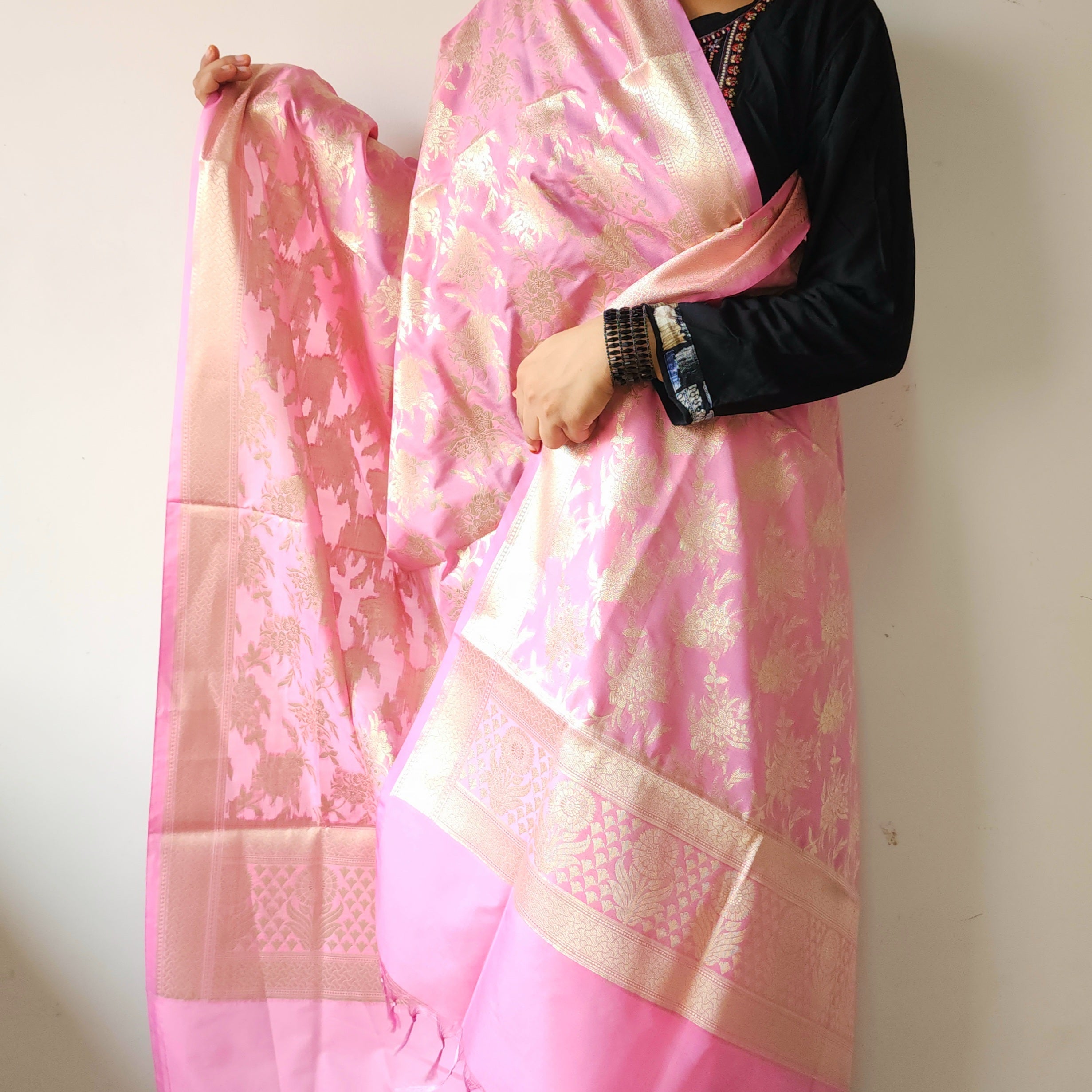 Vibrant Pink Banarasi Dupatta - Floral Brocade Zari