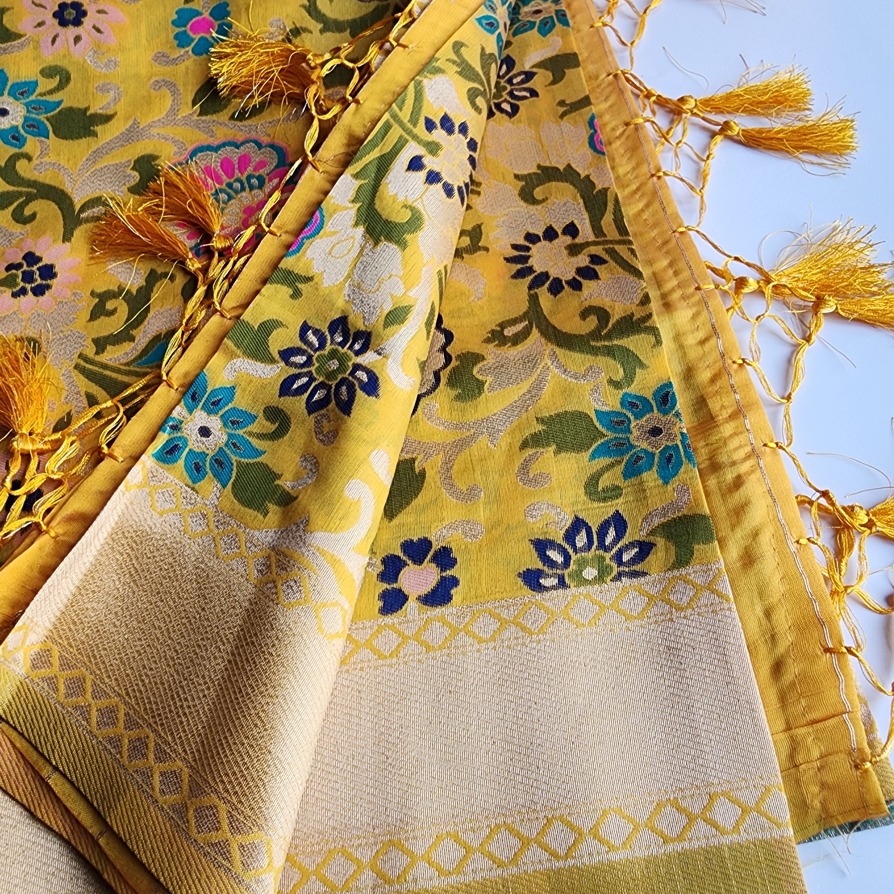 Banarasi Silk Sunshine Yellow Dupatta with Multicolor & Gold Floral Handweaving