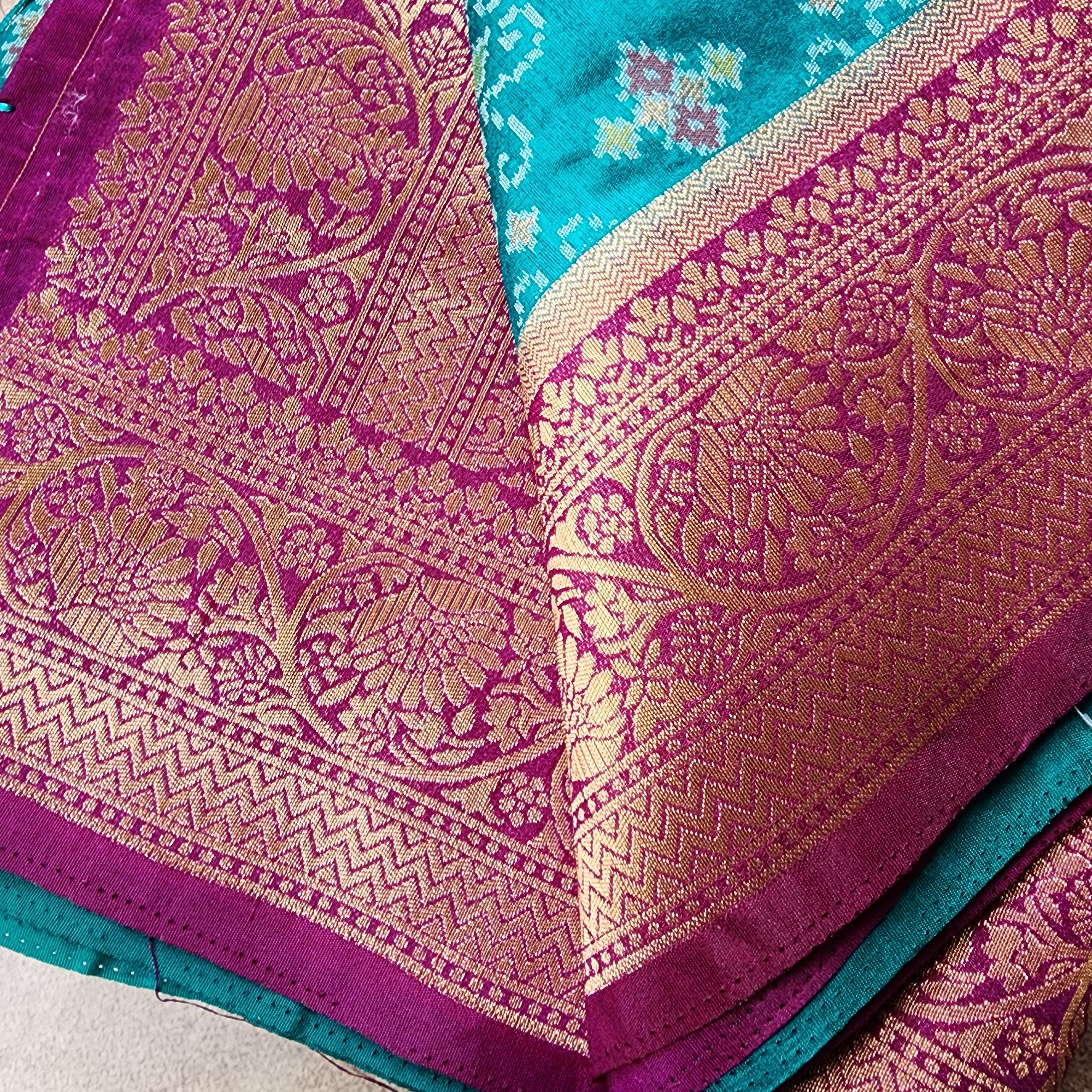 Turquoise Dupion Patola with Maroon-Gold Border & Heavy Gold Zari