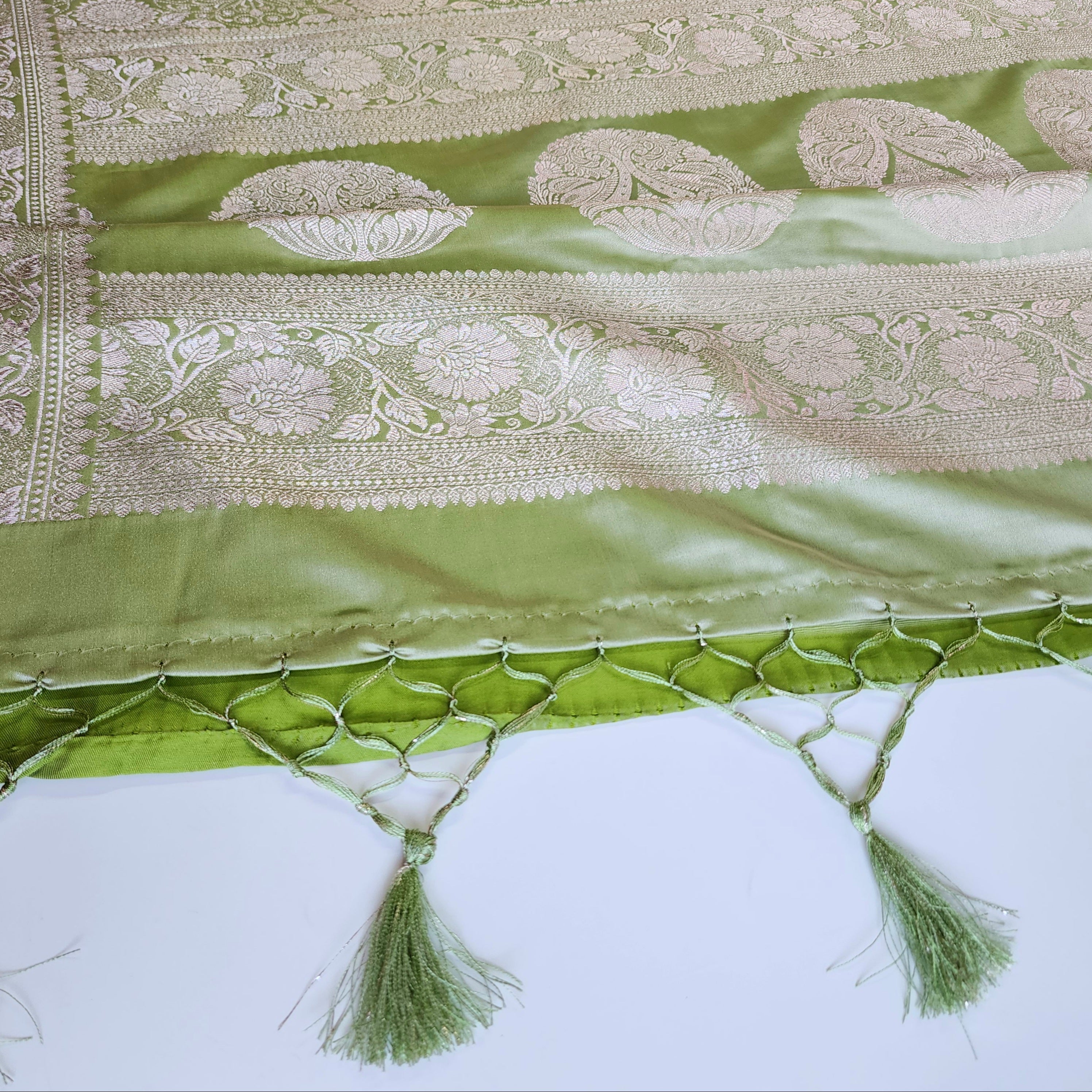 Pastel Sage Green Banarasi Katan Silk Saree with Light Gold Zari weaving