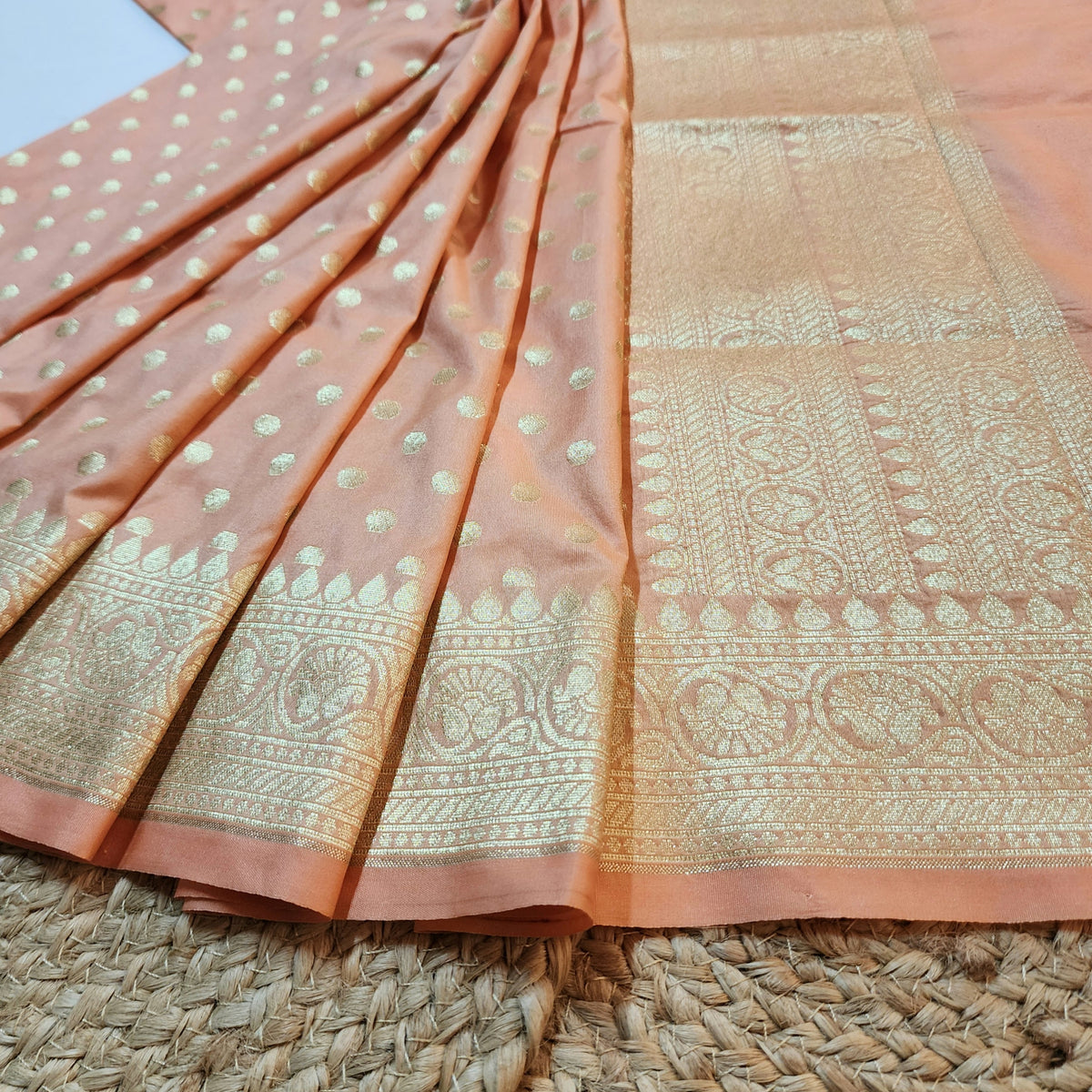 Peach Banarasi Silk Dupatta with Gold Polka Dot