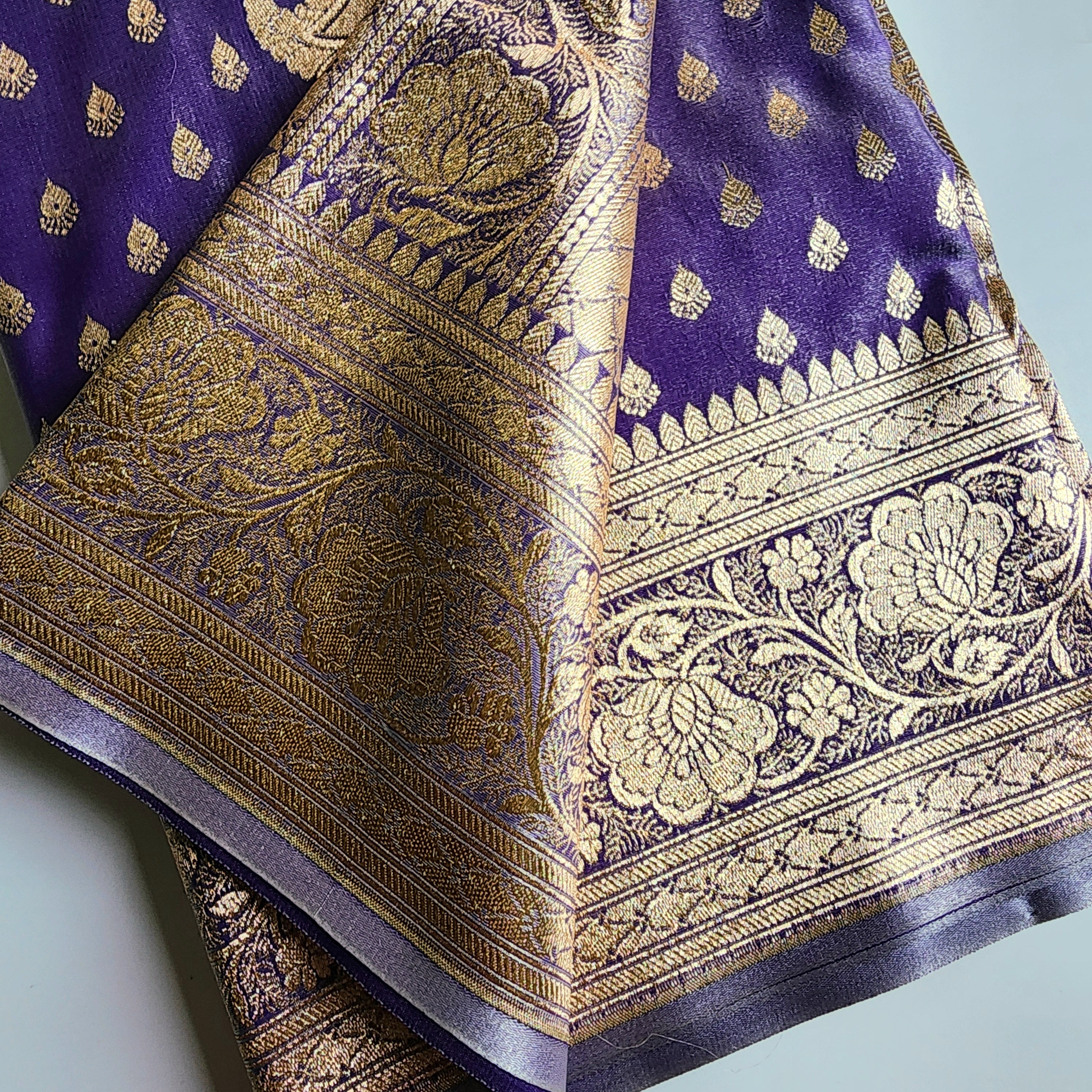 Rich Indigo Purple Banarasi Silk Saree with Gold Zari Weaving