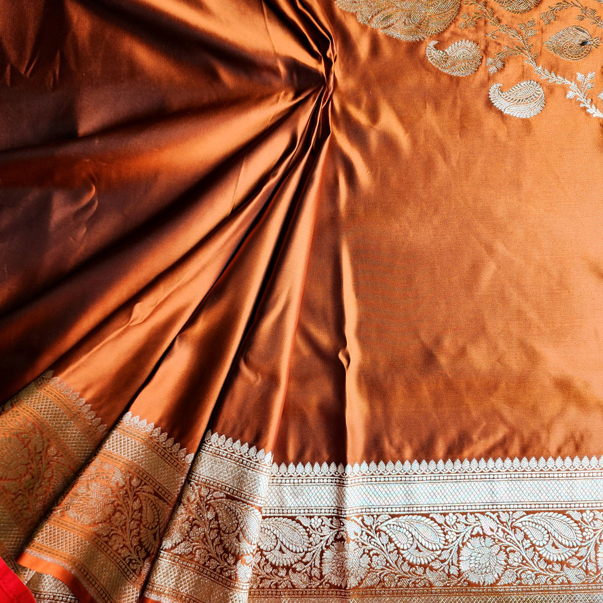 Rich Burnt Copper Pure Banarasi Katan Silk Saree with light Gold Zari Weaving