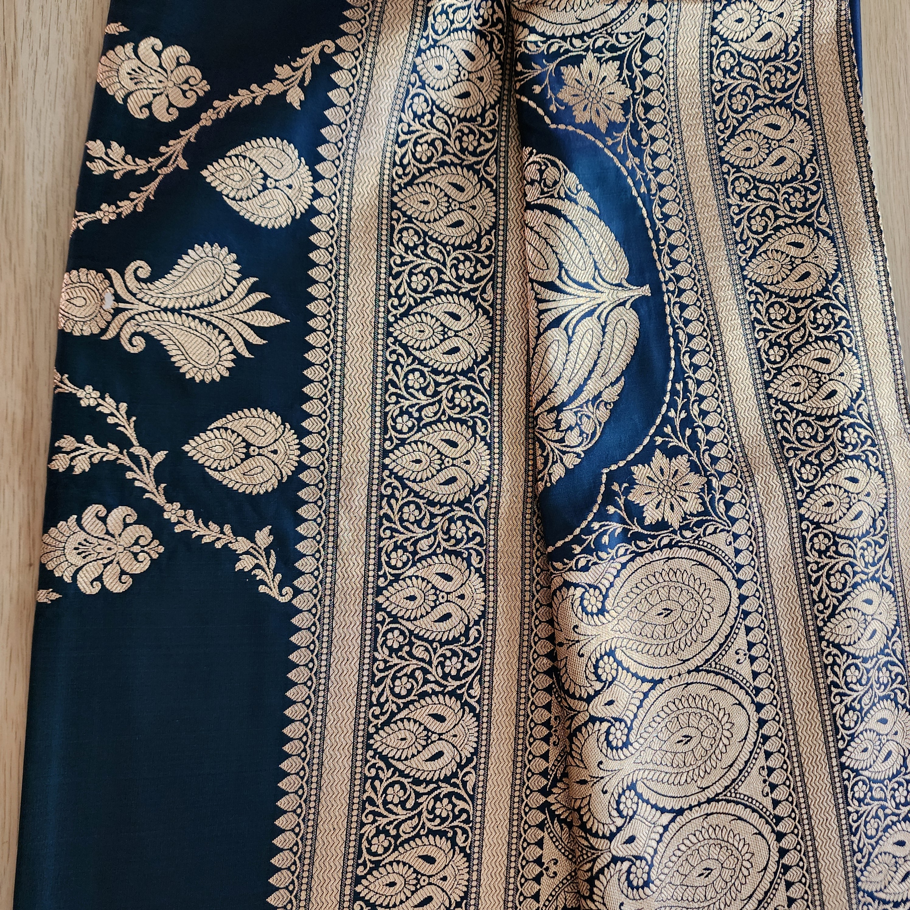 Rich Navy Blue Pure Banarasi Katan Silk Saree with light Gold Zari Weaving