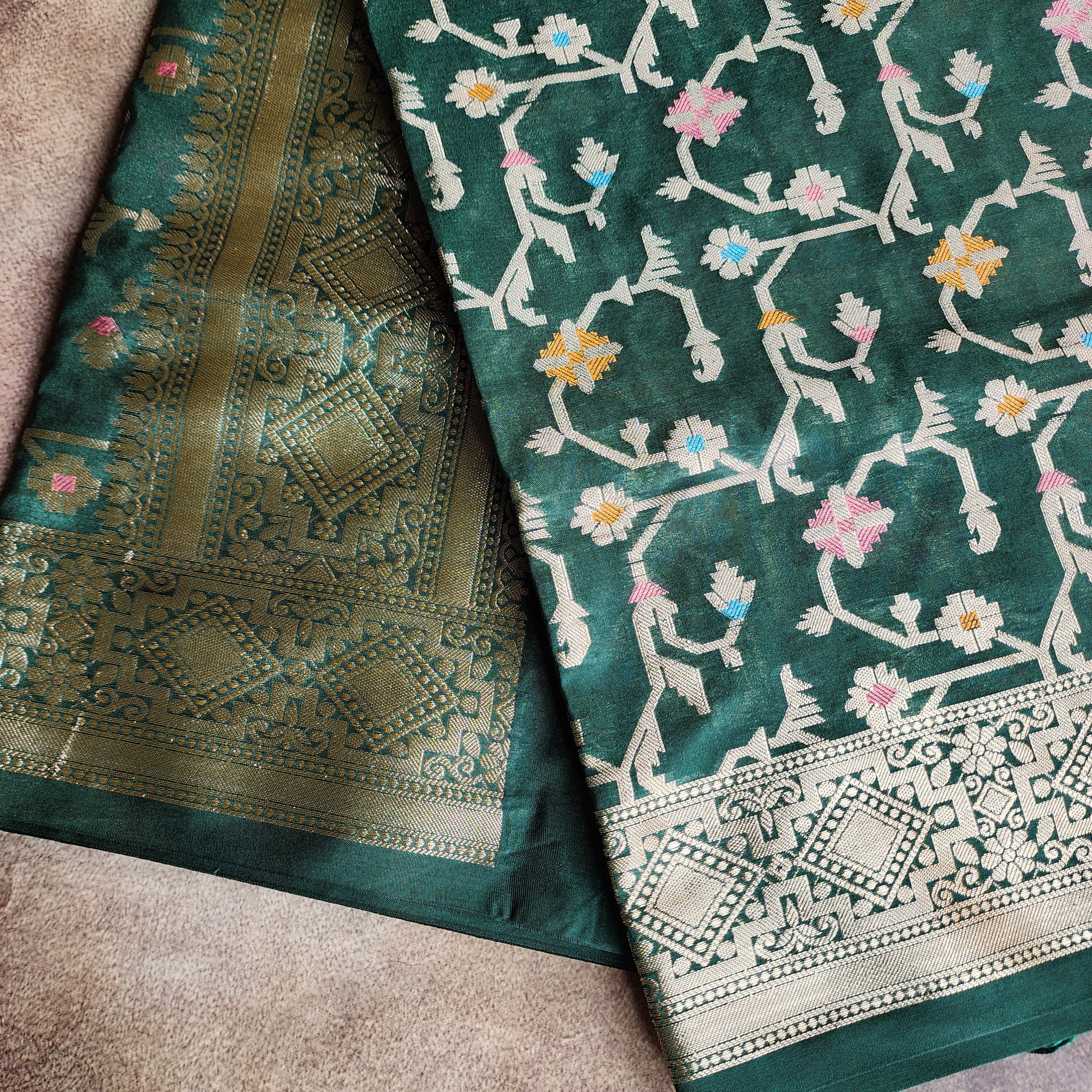 Golden Grid Banarasi Silk Dupatta with Meenakari Work in Dark Bottle Green