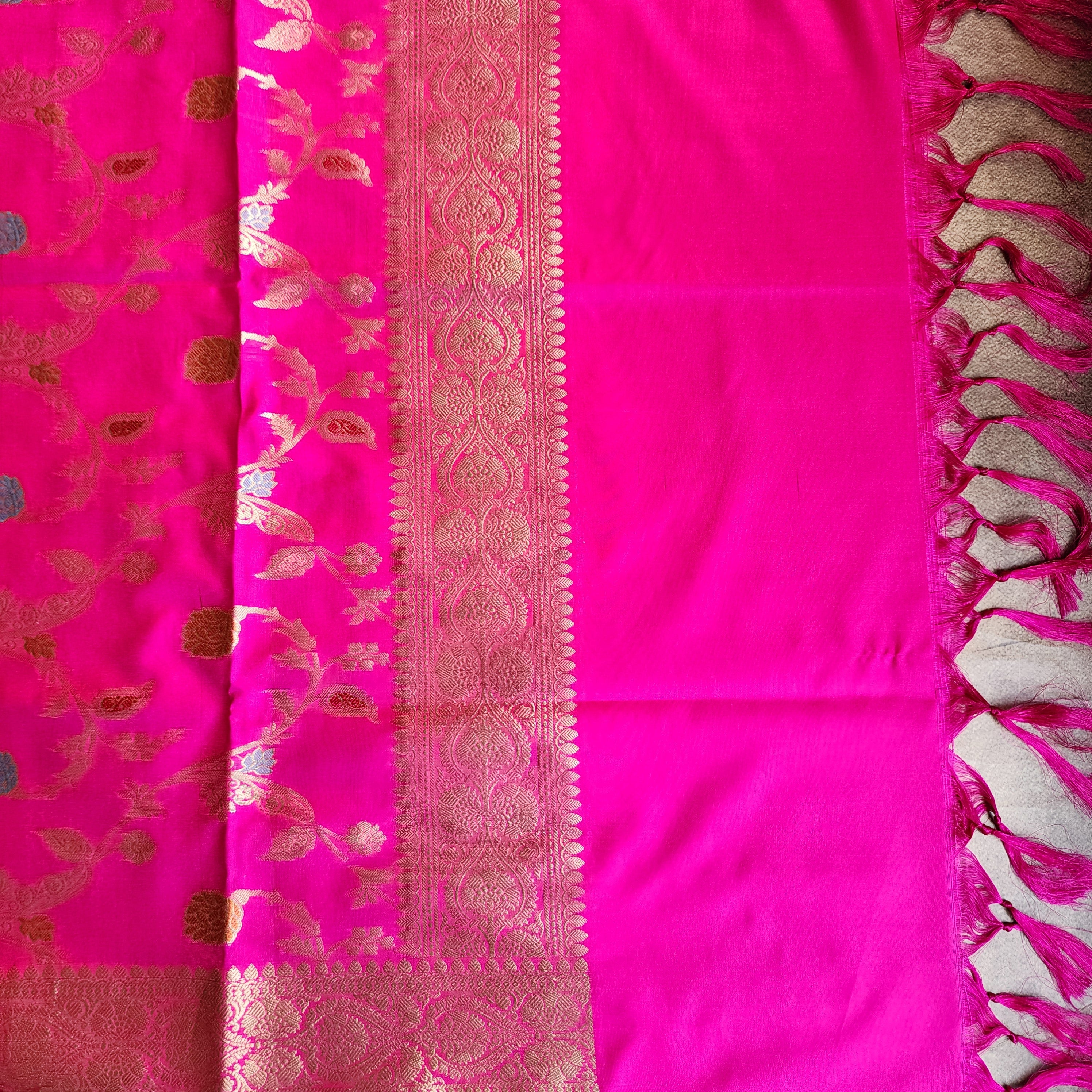 Hot Pink Banarasi Silk Dupatta with Gold Zari Border & Multicolor Meenakari Work