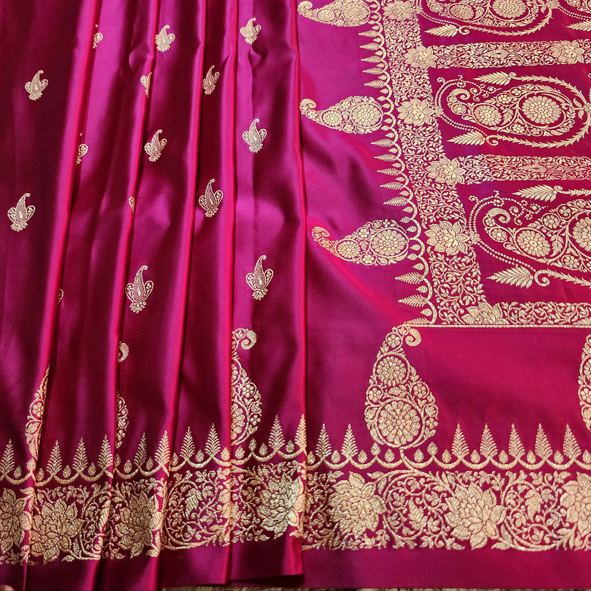 Rani Pink Paisley Katan Silk Saree with Gold Zari
