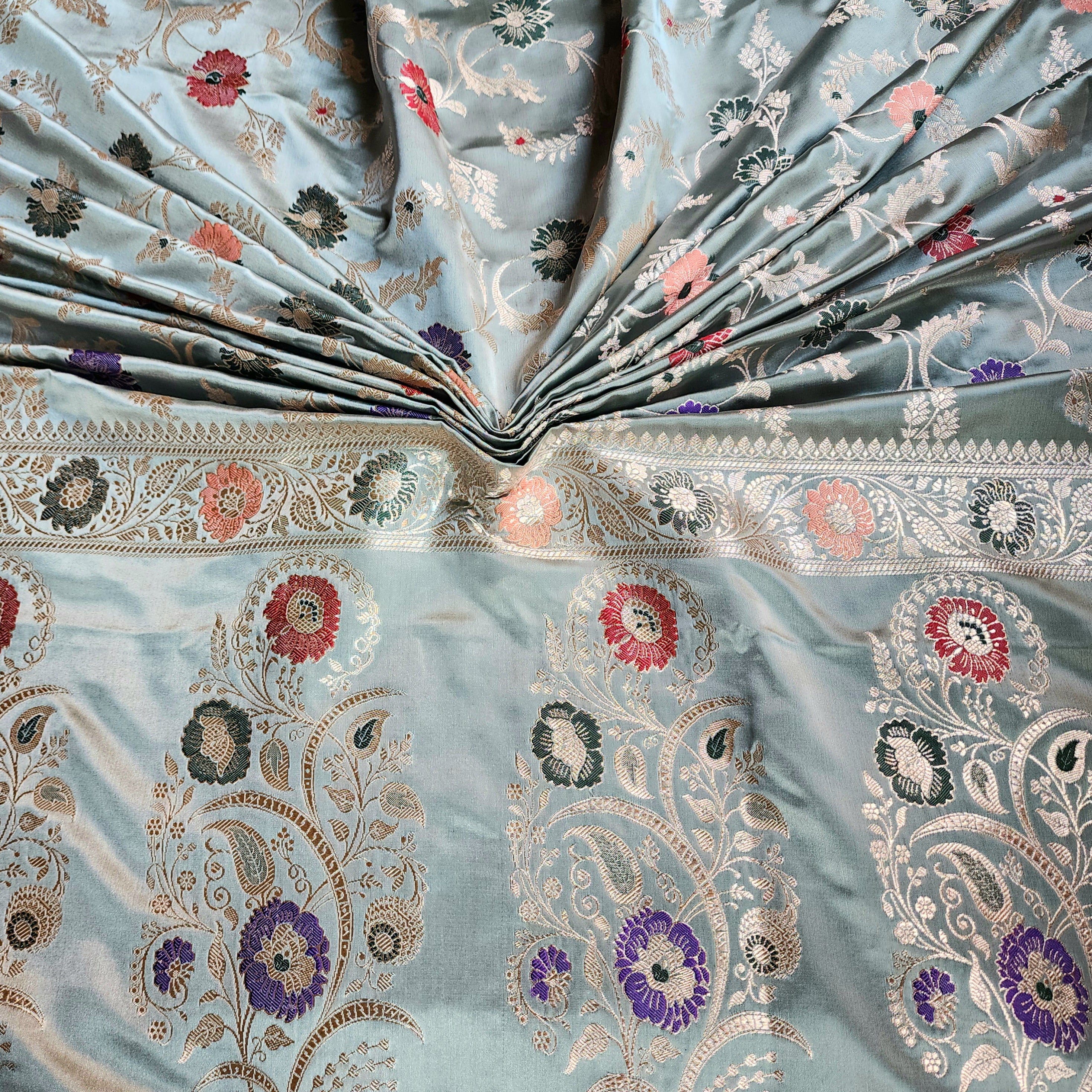 Enriched Banarasi Katan Silk Saree | Sea Green Multicolor Meenakari Floral Jaal