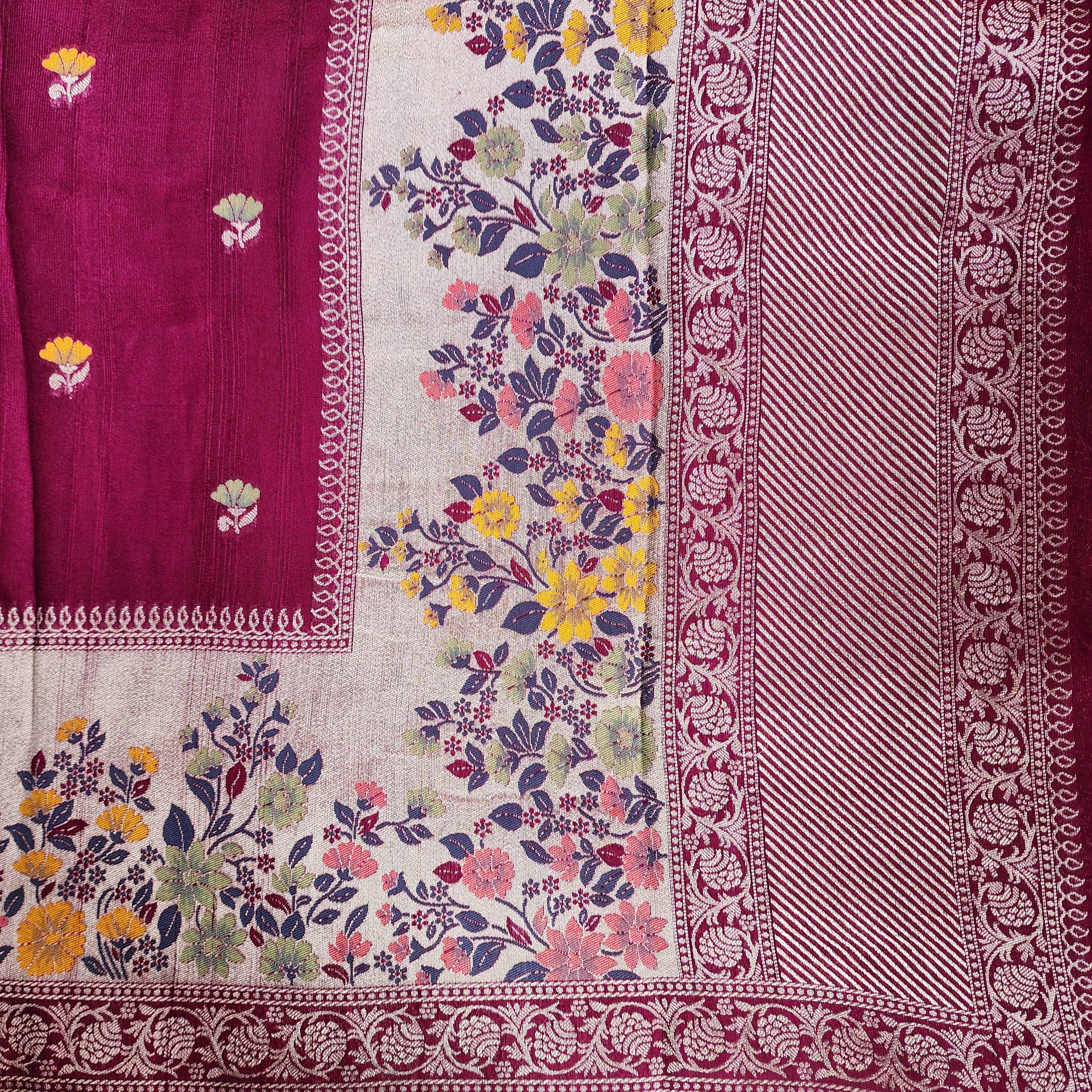 Soft Wine Raw Silk Saree With Pastel Floral Weaving and Off White Border