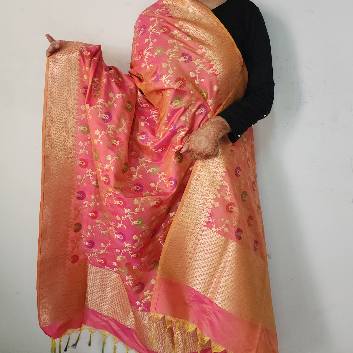 Banarasi Silk Floral Jaal Dupatta - Terracotta Rose