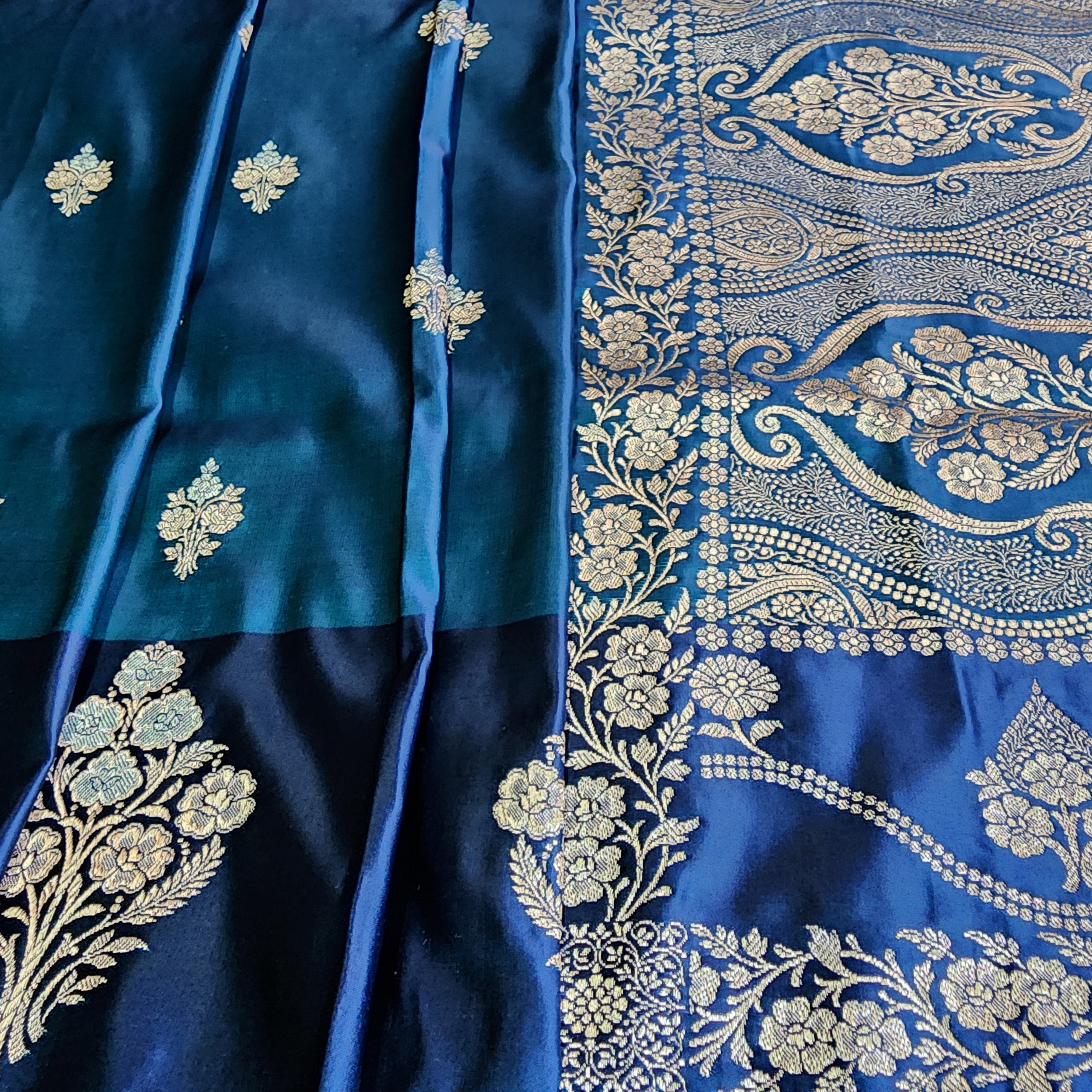 Dual-Tone Peacock Blue Pure Banarasi Katan Silk Saree